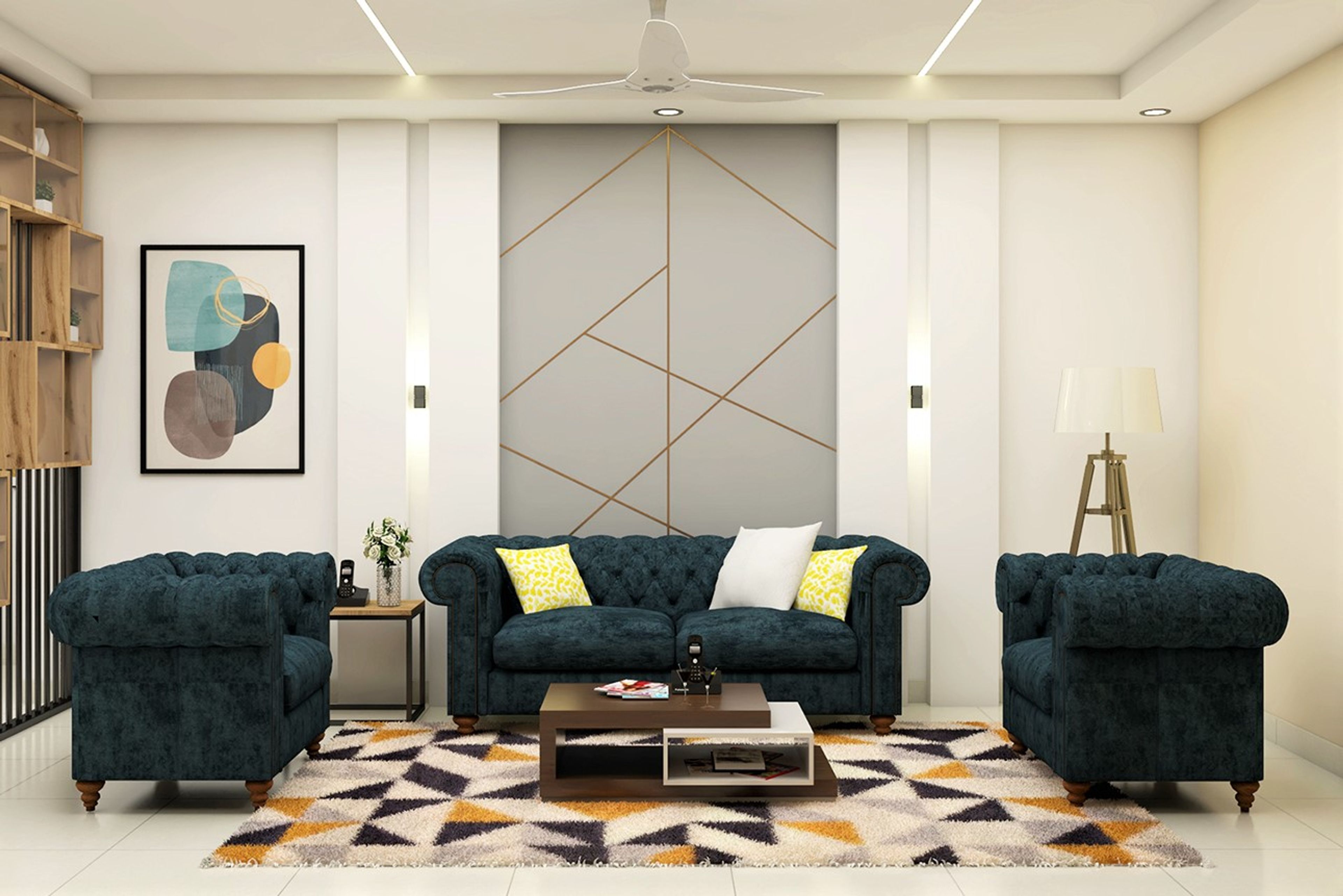 Contemporary Living Room Design with Dark Blue Sofa Set