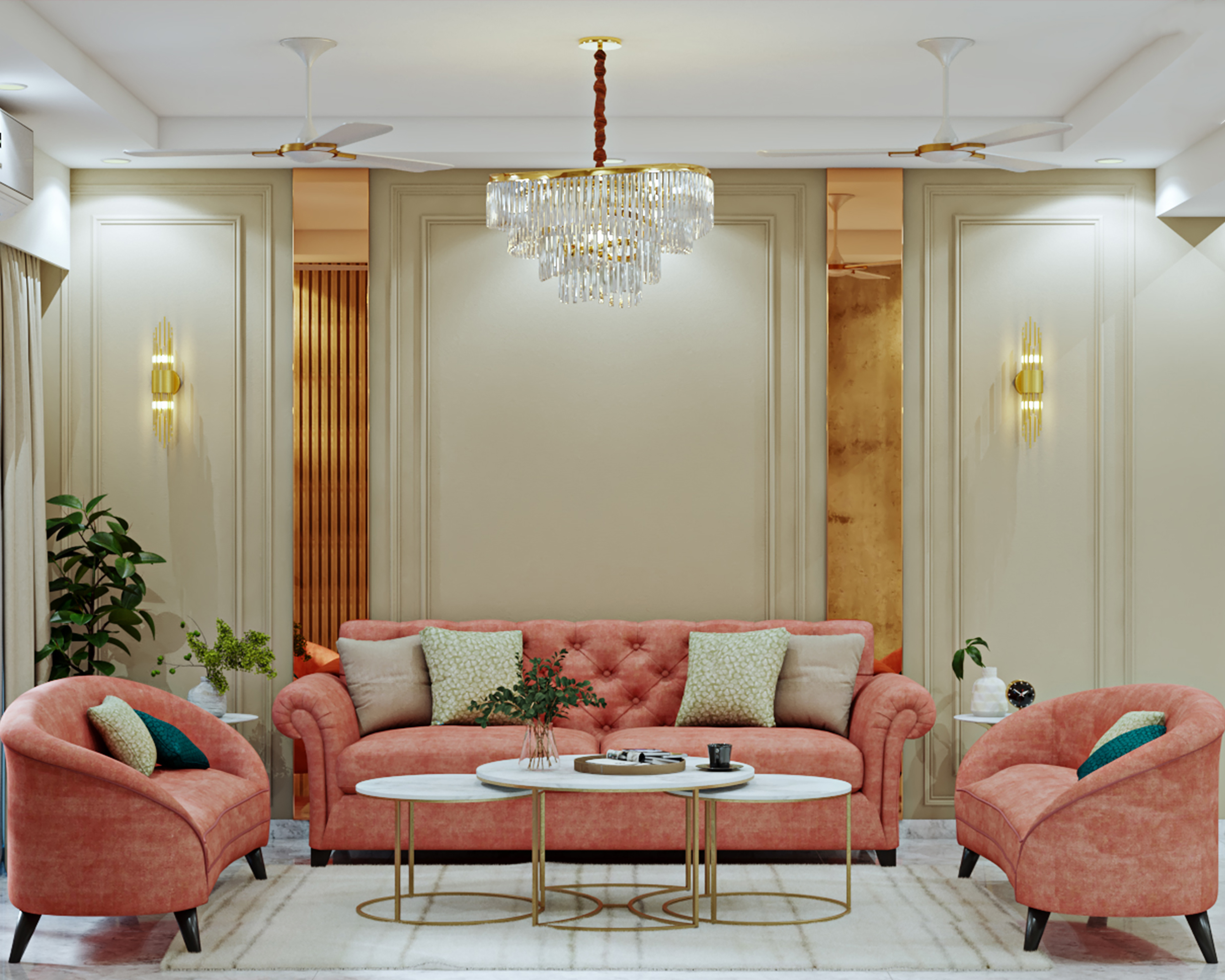 Mirror Panelling Classic Living Room Design with Pink Tufted Sofa Set