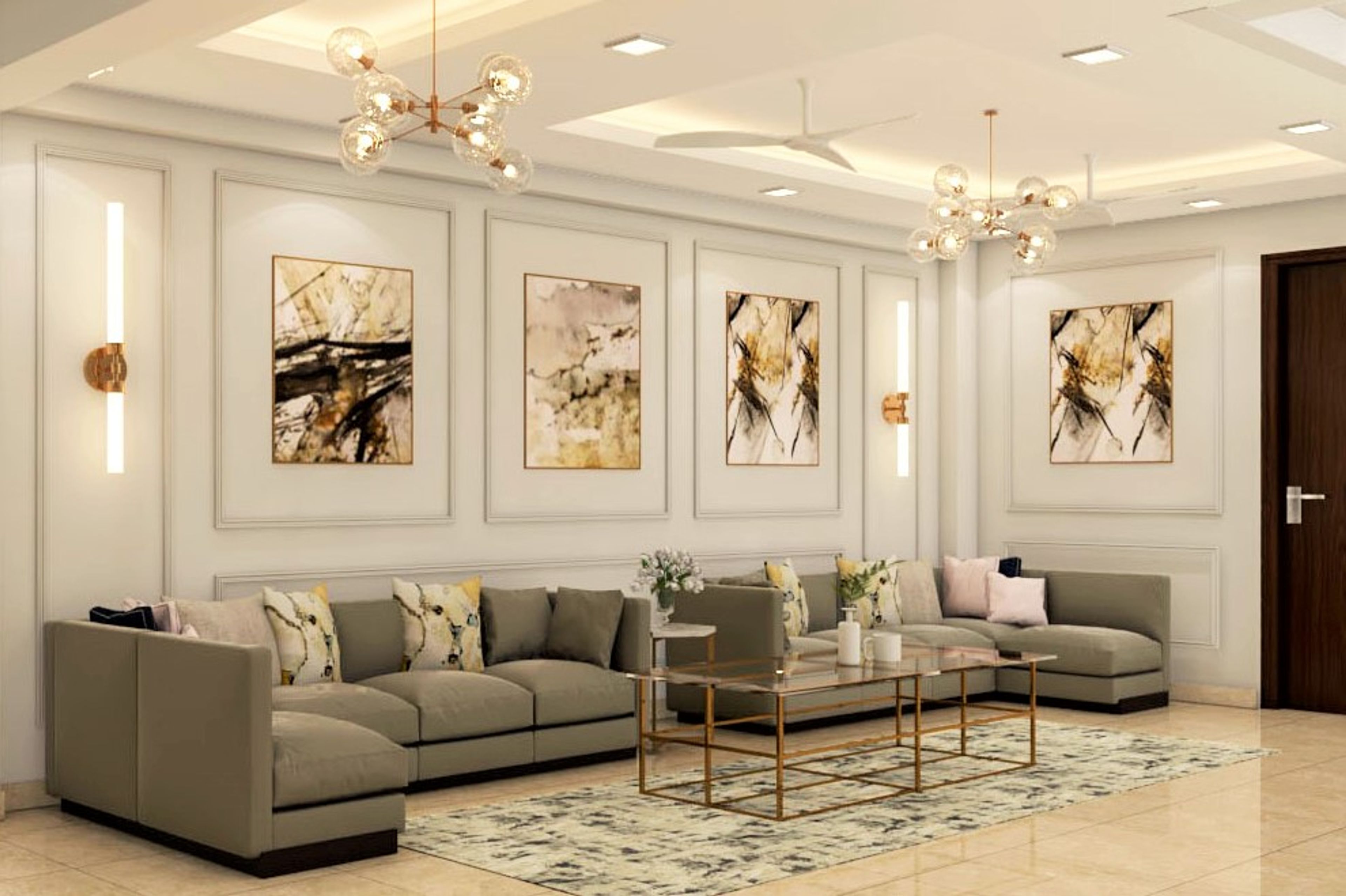 Dual Chandelier Classic Spacious Living Room Design with L-Shaped Sofa