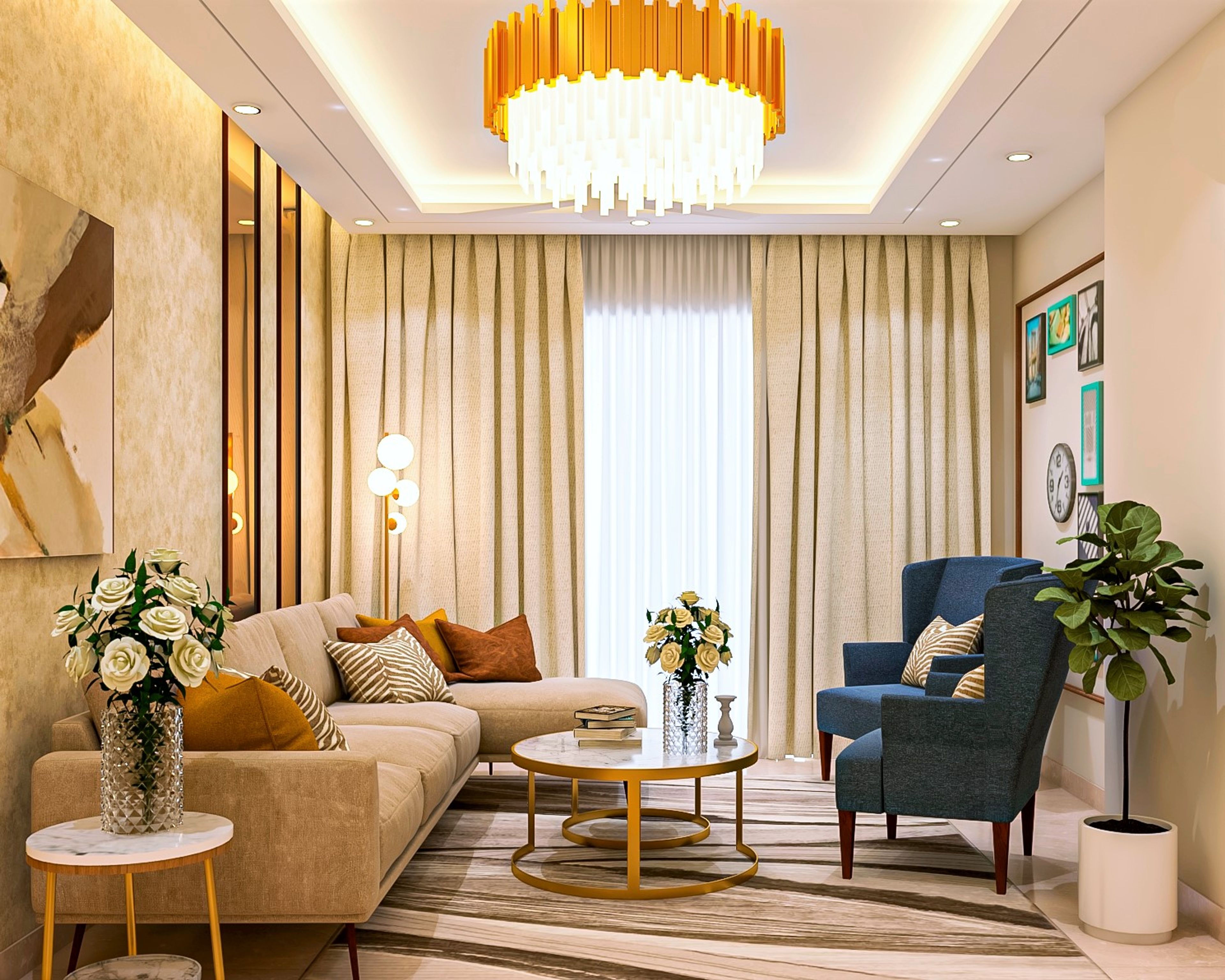 Beige L-Shaped Sofa Compact Living Room Design with Side Floor Lamp - Livspace