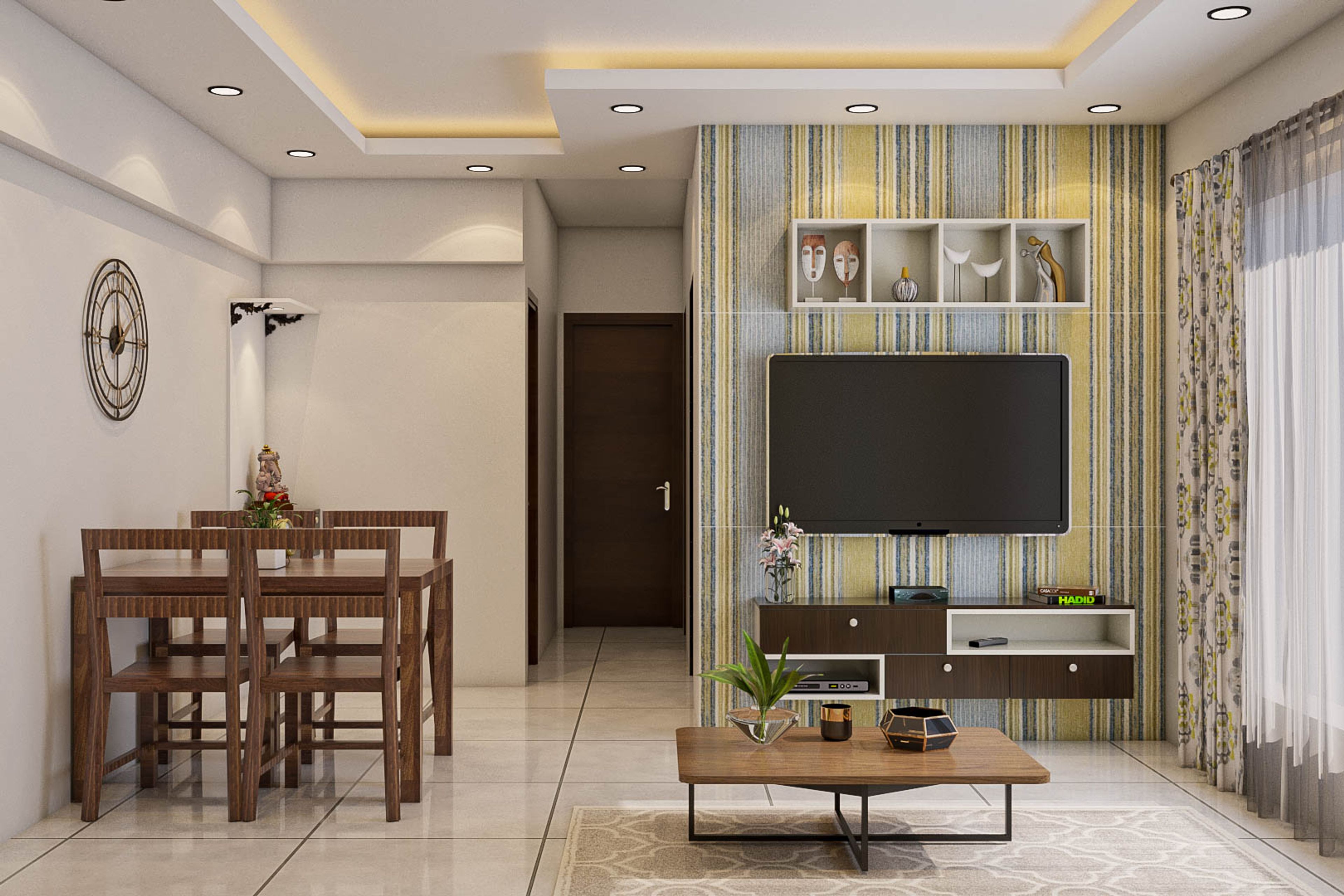 Dark Blue L-Shaped Sofa Compact Living Room Design with TV - Livspace