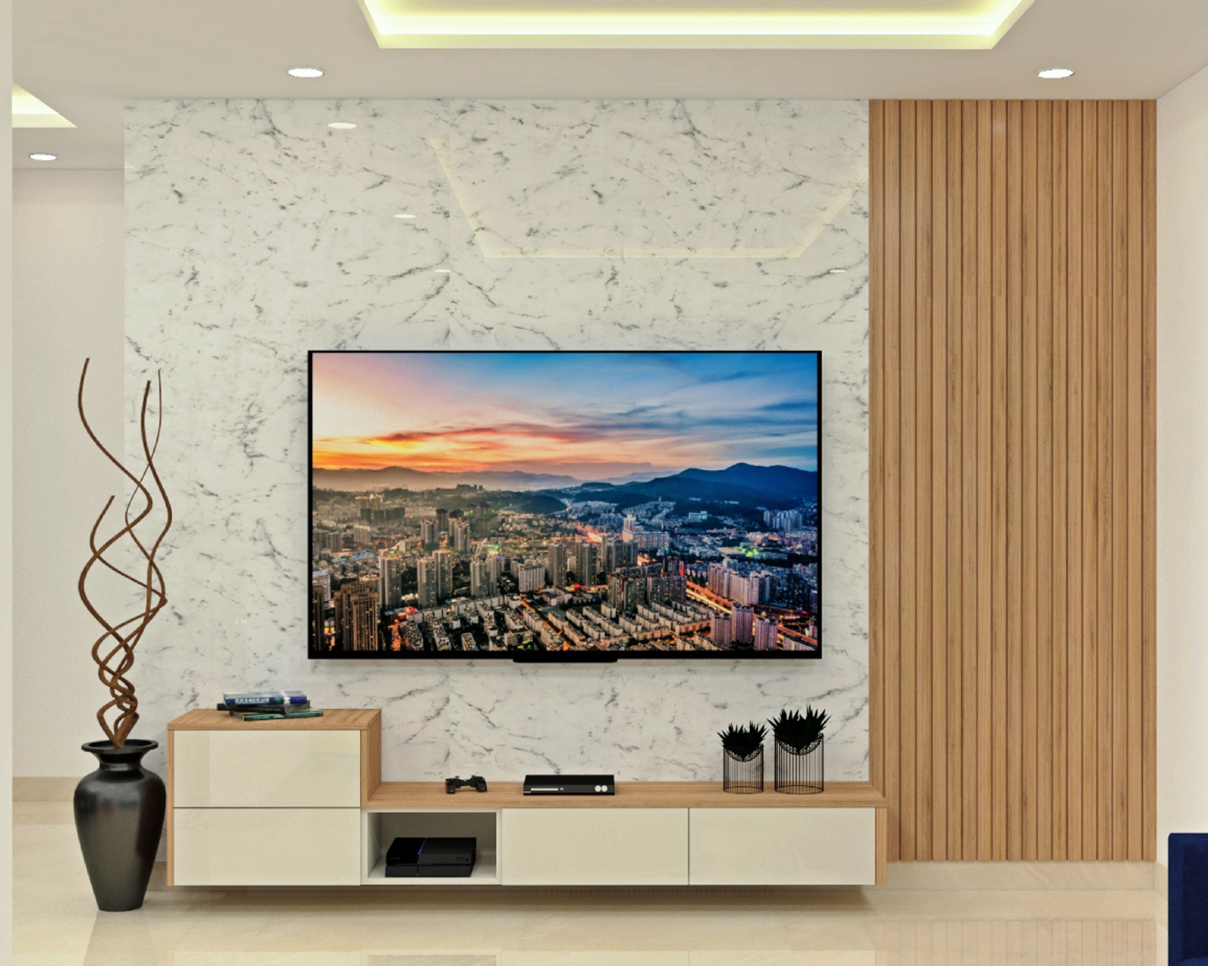 Earthy Living Room Design Idea with Marble Splash Backdrop Wall