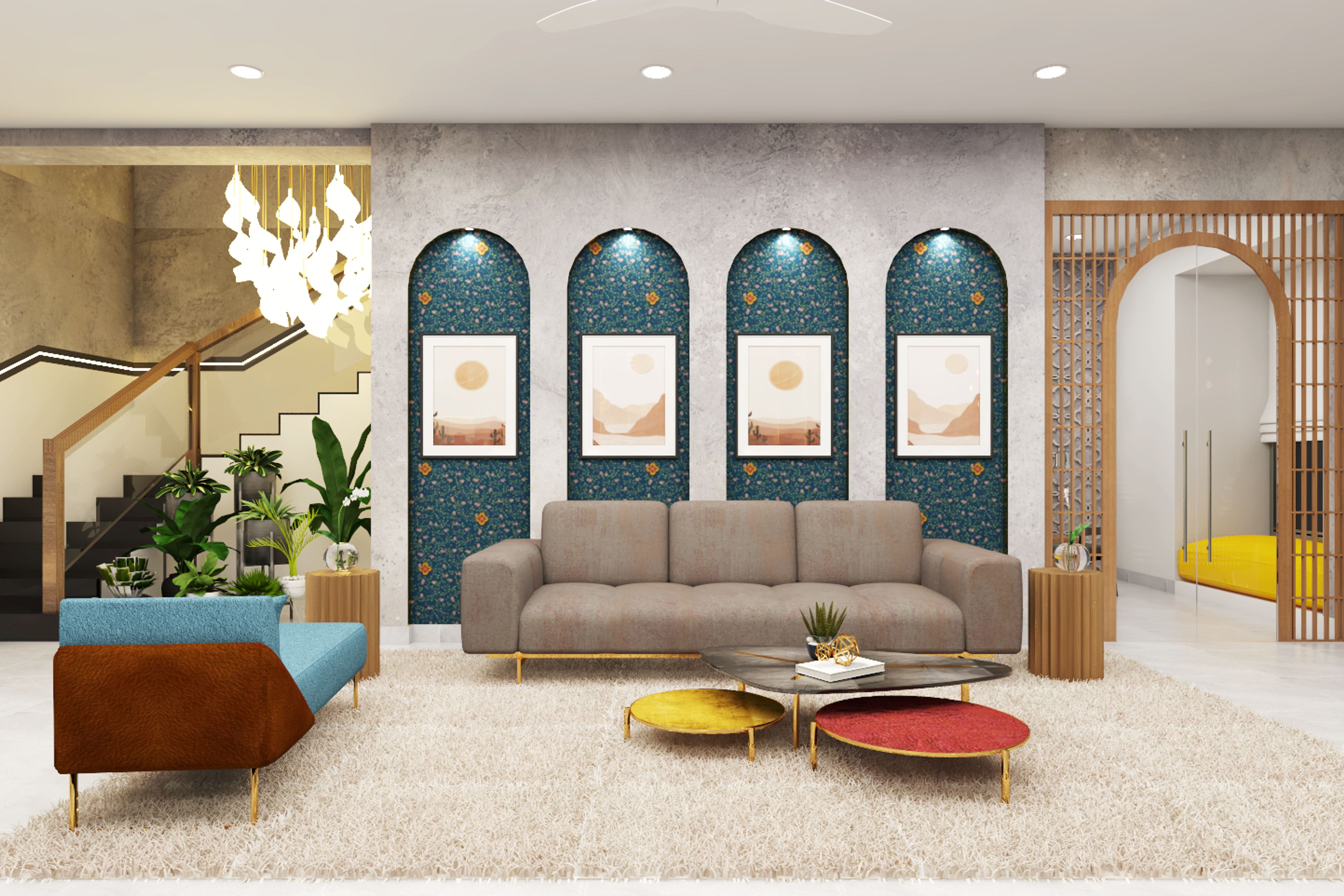 Brown Panelling Living Room Design with Grey Marble Finish