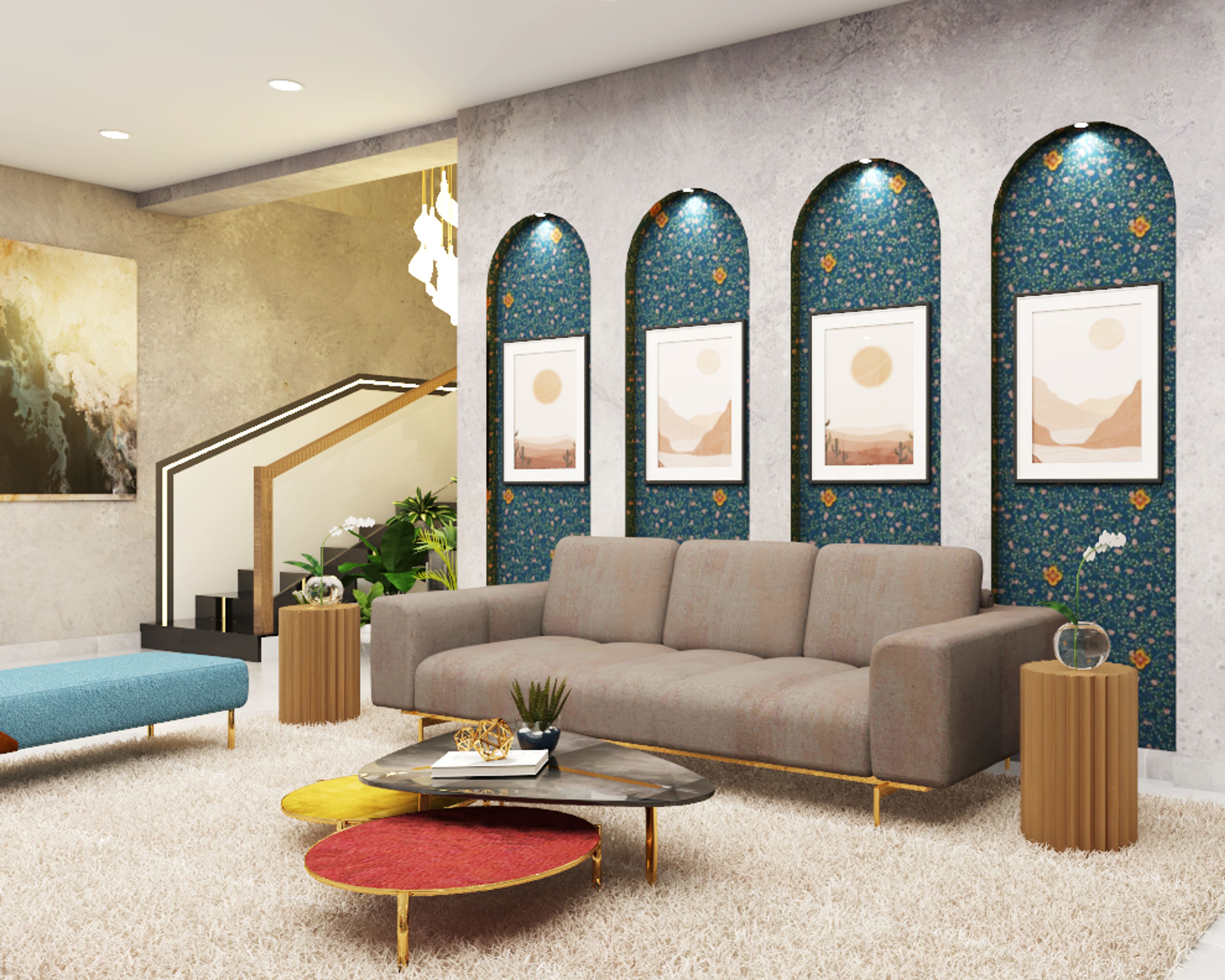 Brown Panelling Living Room Design with Grey Marble Finish - Livspace