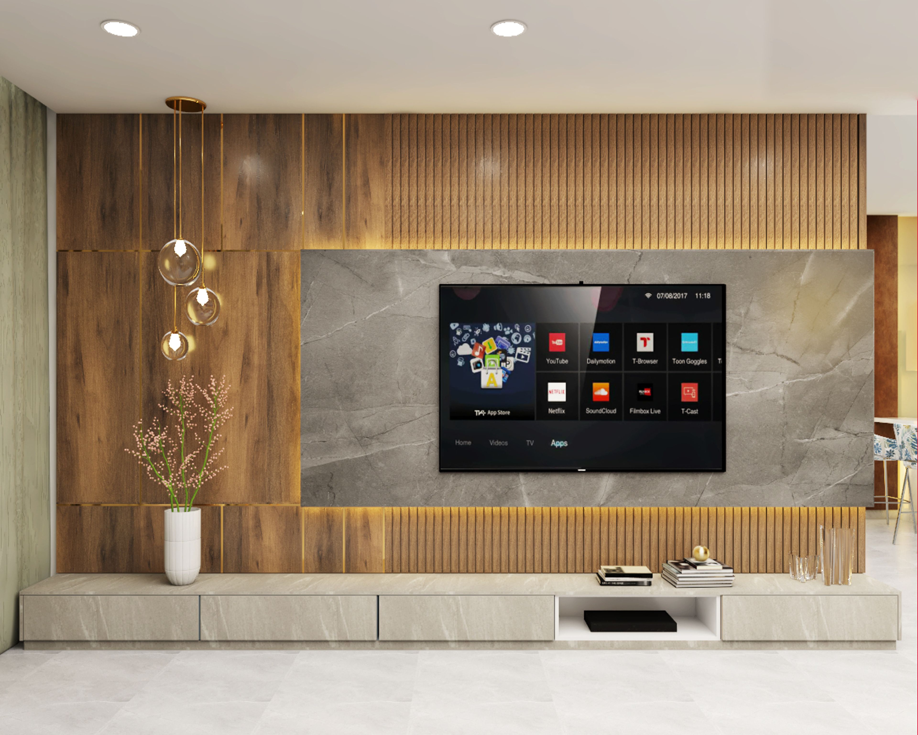 Brown Panelling Living Room Design with Grey Marble Finish - Livspace