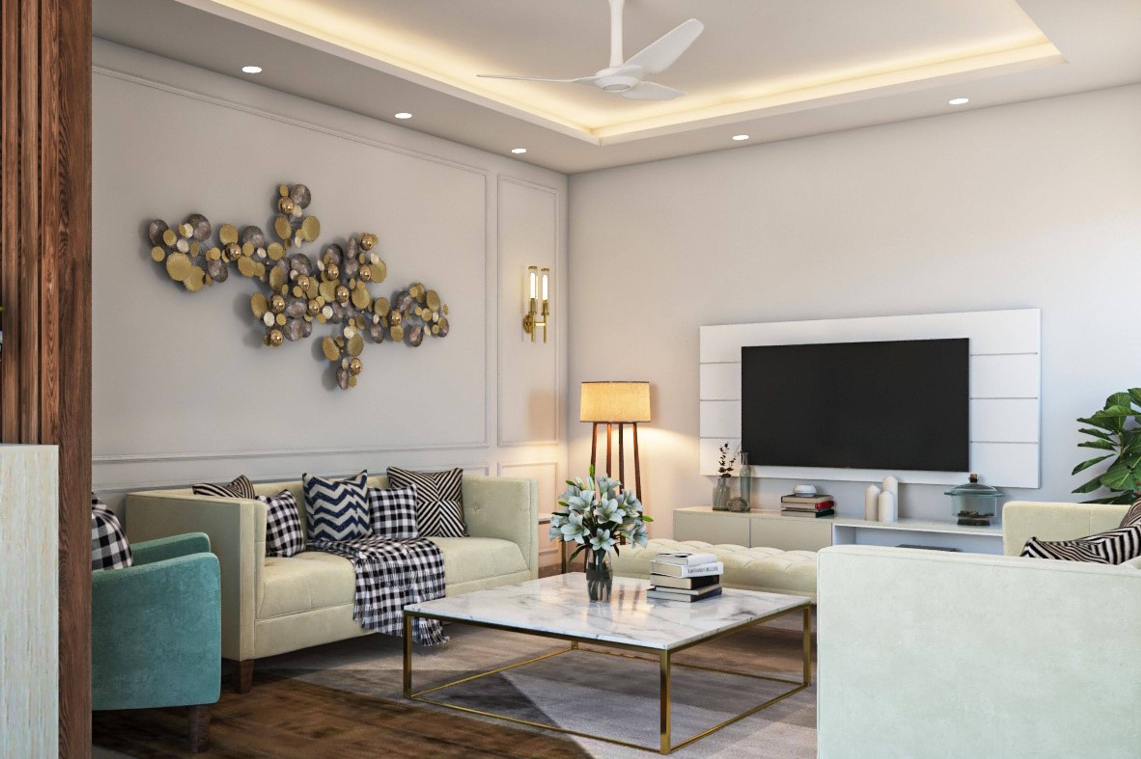 Contemporary Spacious Living Room Design with Mint Accent Chair - Livspace