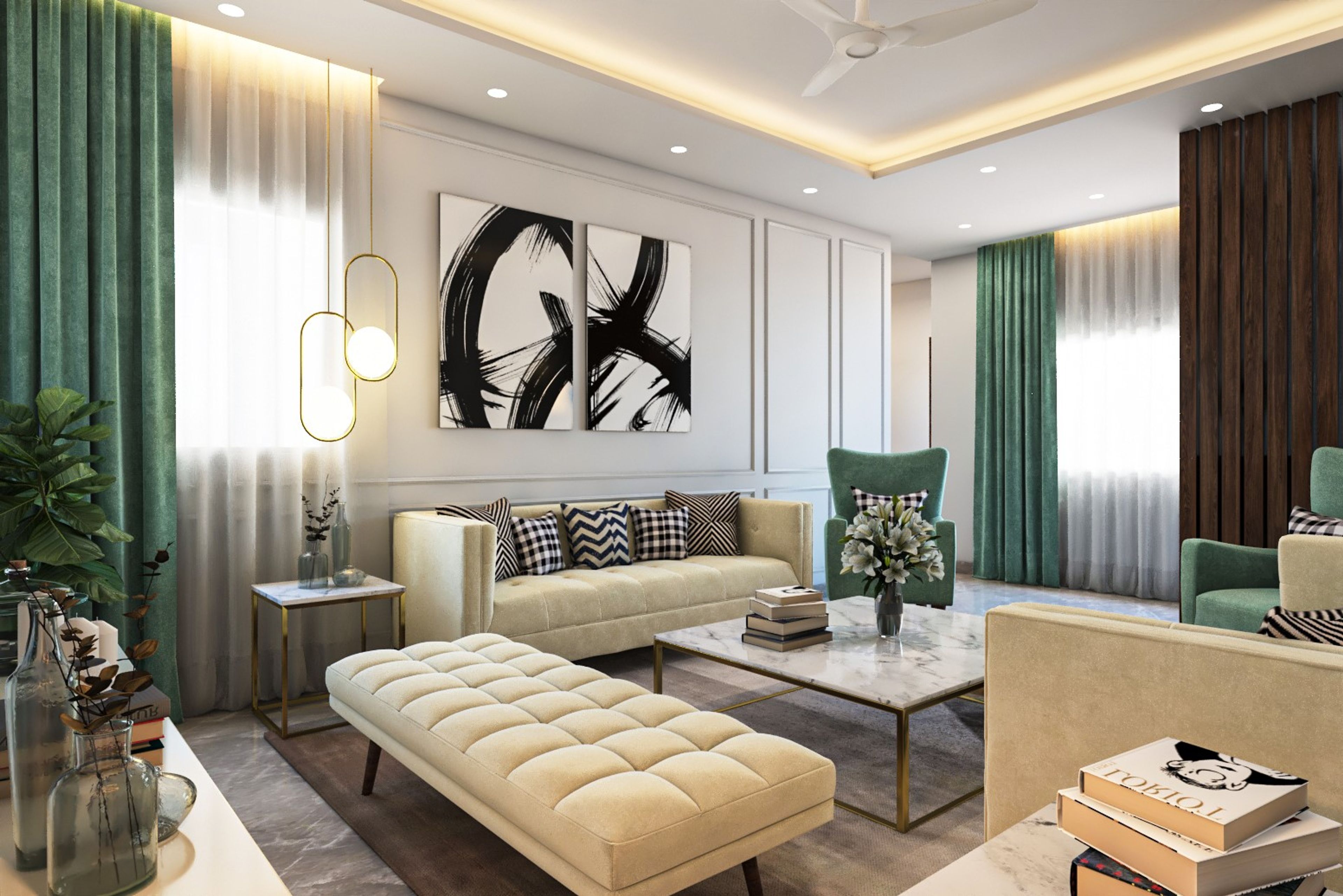 Contemporary Spacious Living Room Design with Mint Accent Chair - Livspace