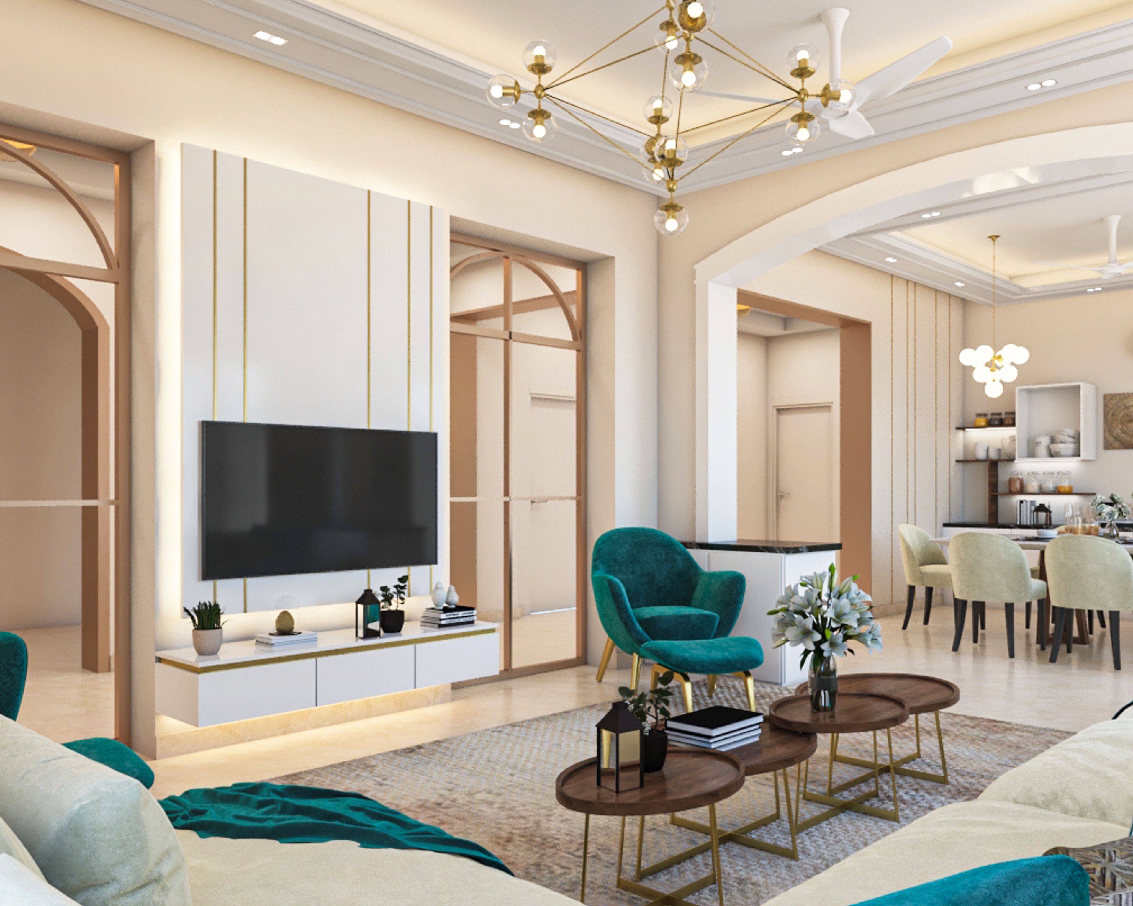 Contemporary Spacious Living Room Design with Green Throw and Cushions - Livspace