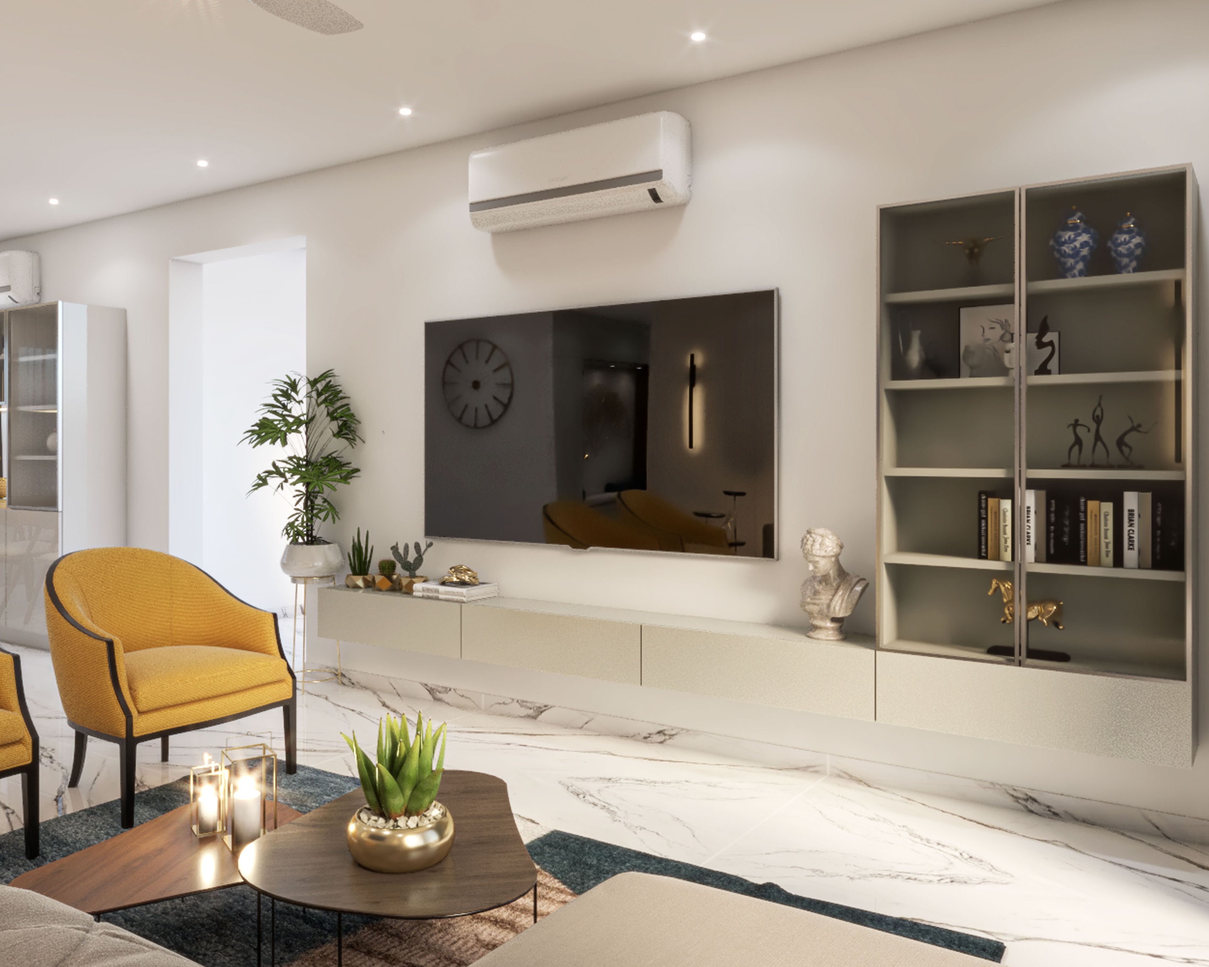 Yellow and Grey Contemporary Compact Living Room Design with Textured Wall - Livspace