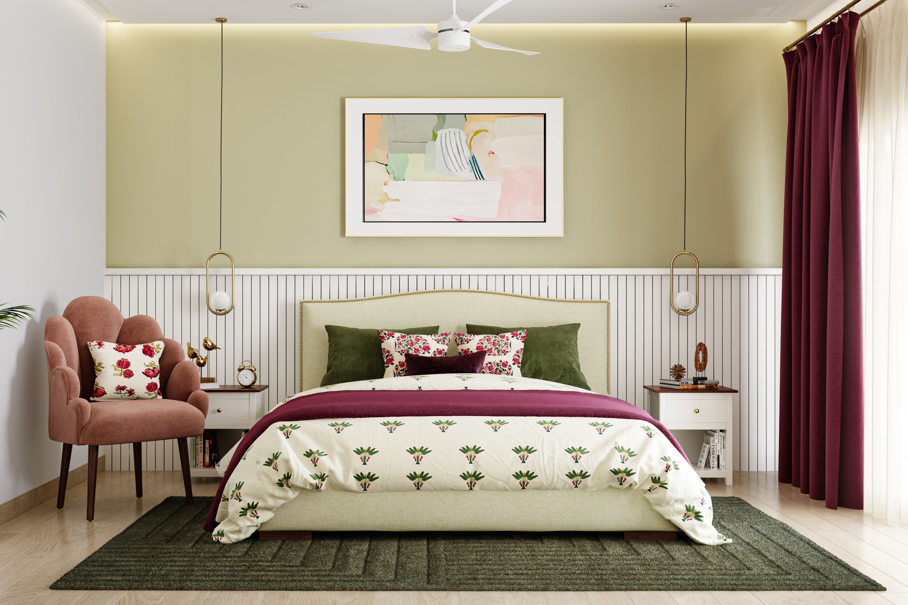 Contemporary Spacious Master Bedroom Design with Hanging Light