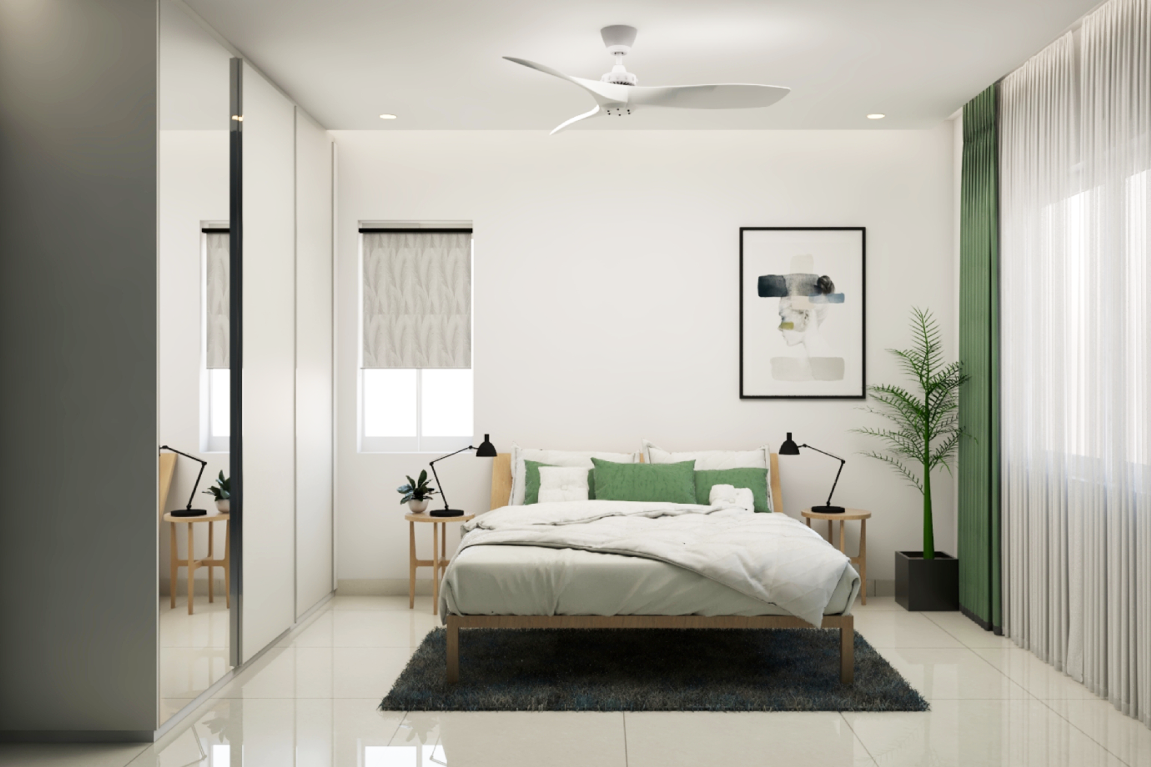 Minimal Spacious Master Bedroom Design with Potted Plant