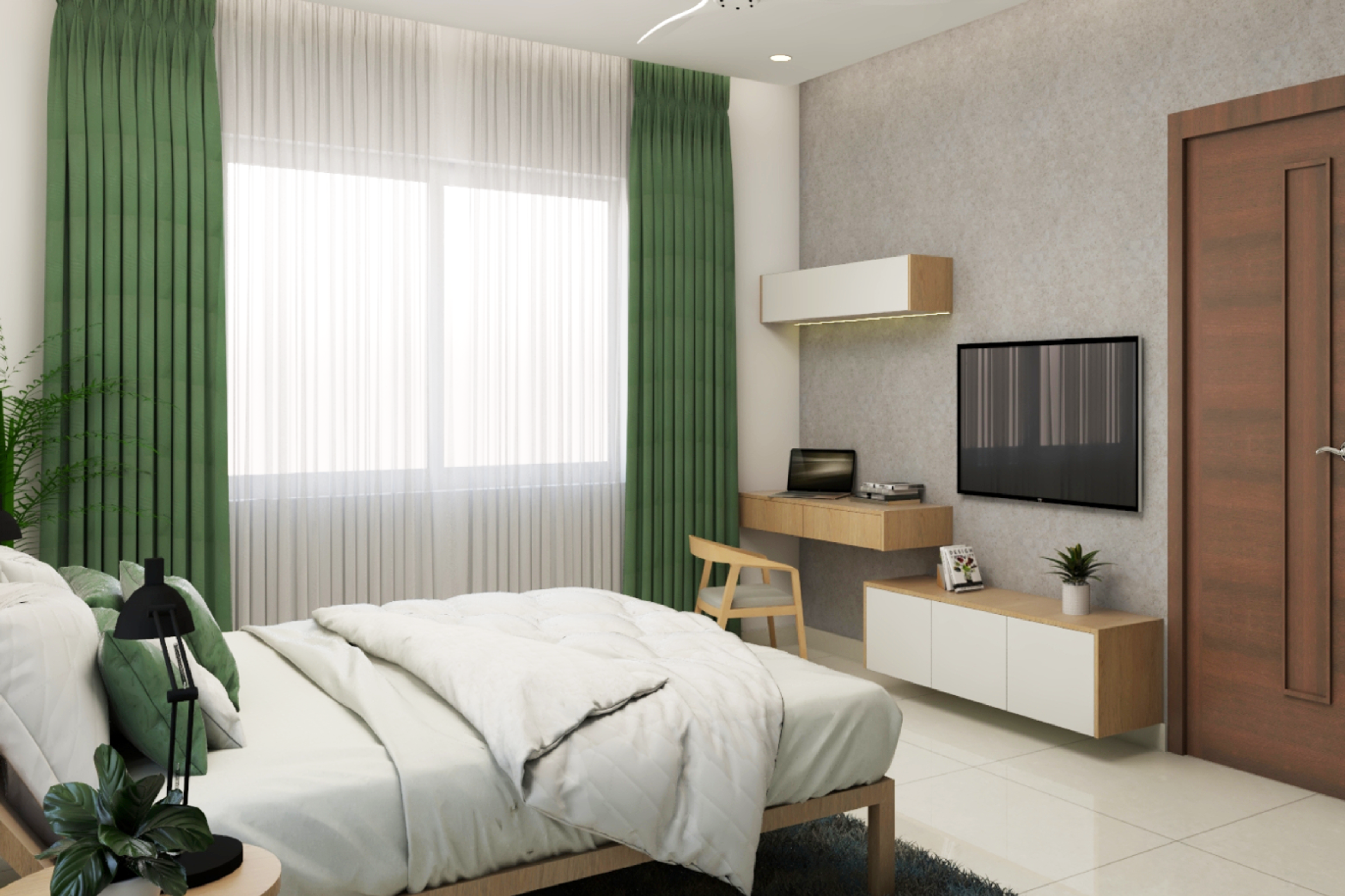 Minimal Spacious Master Bedroom Design with Potted Plant - Livspace