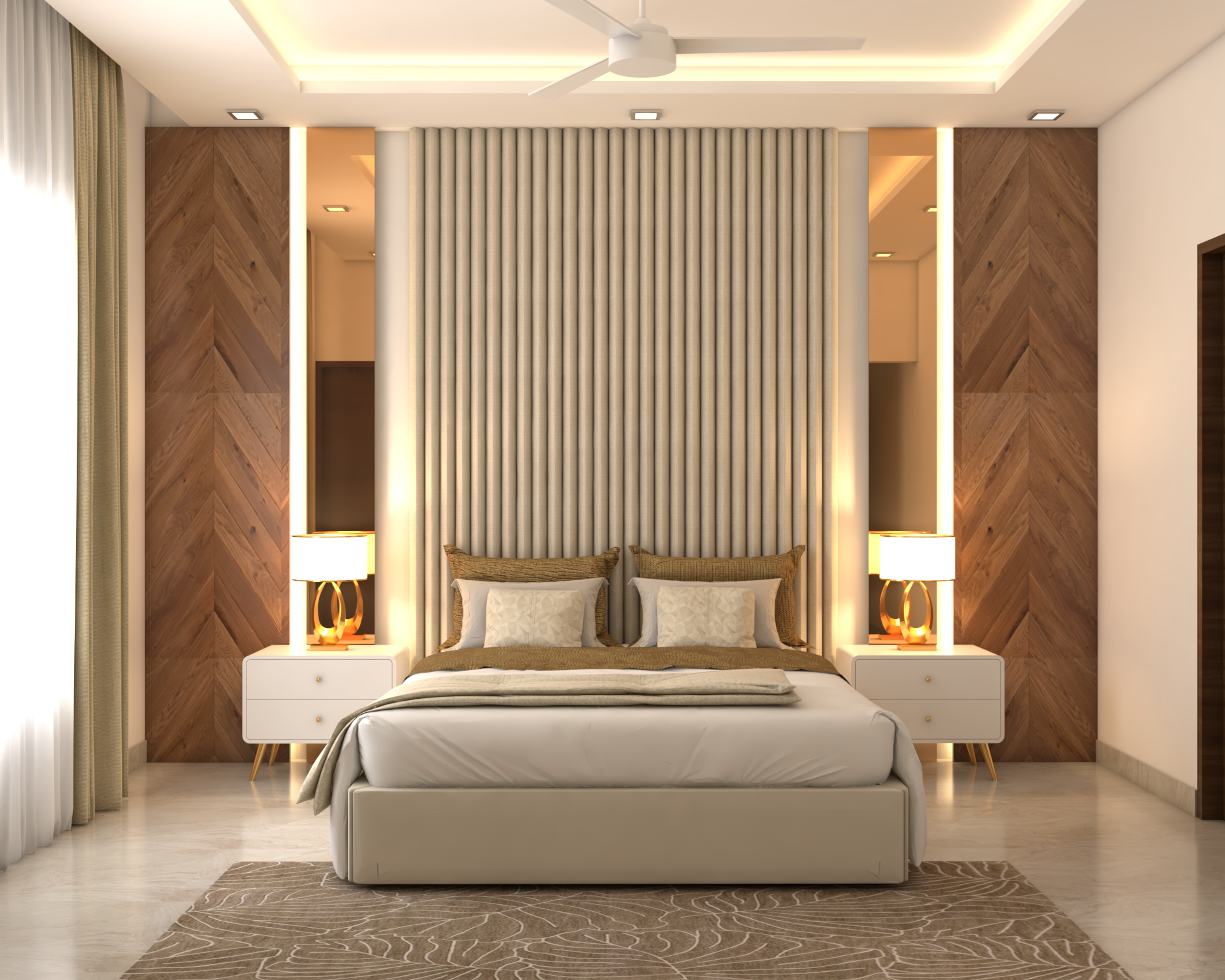 Modern Spacious Master Bedroom Design with Golden Wooden Panels