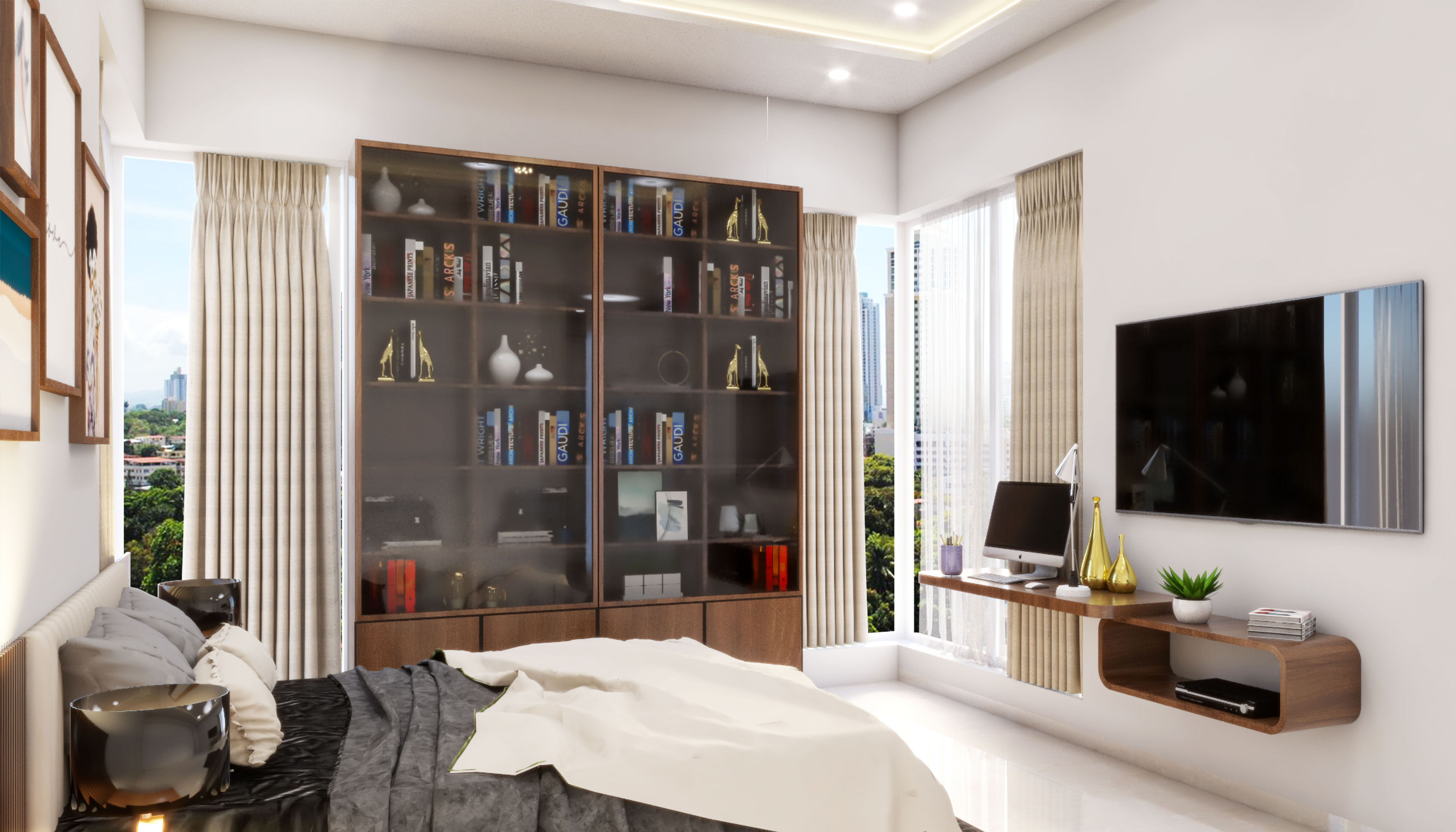 Contemporary Spacious Master Bedroom Design with Long Mirror - Livspace