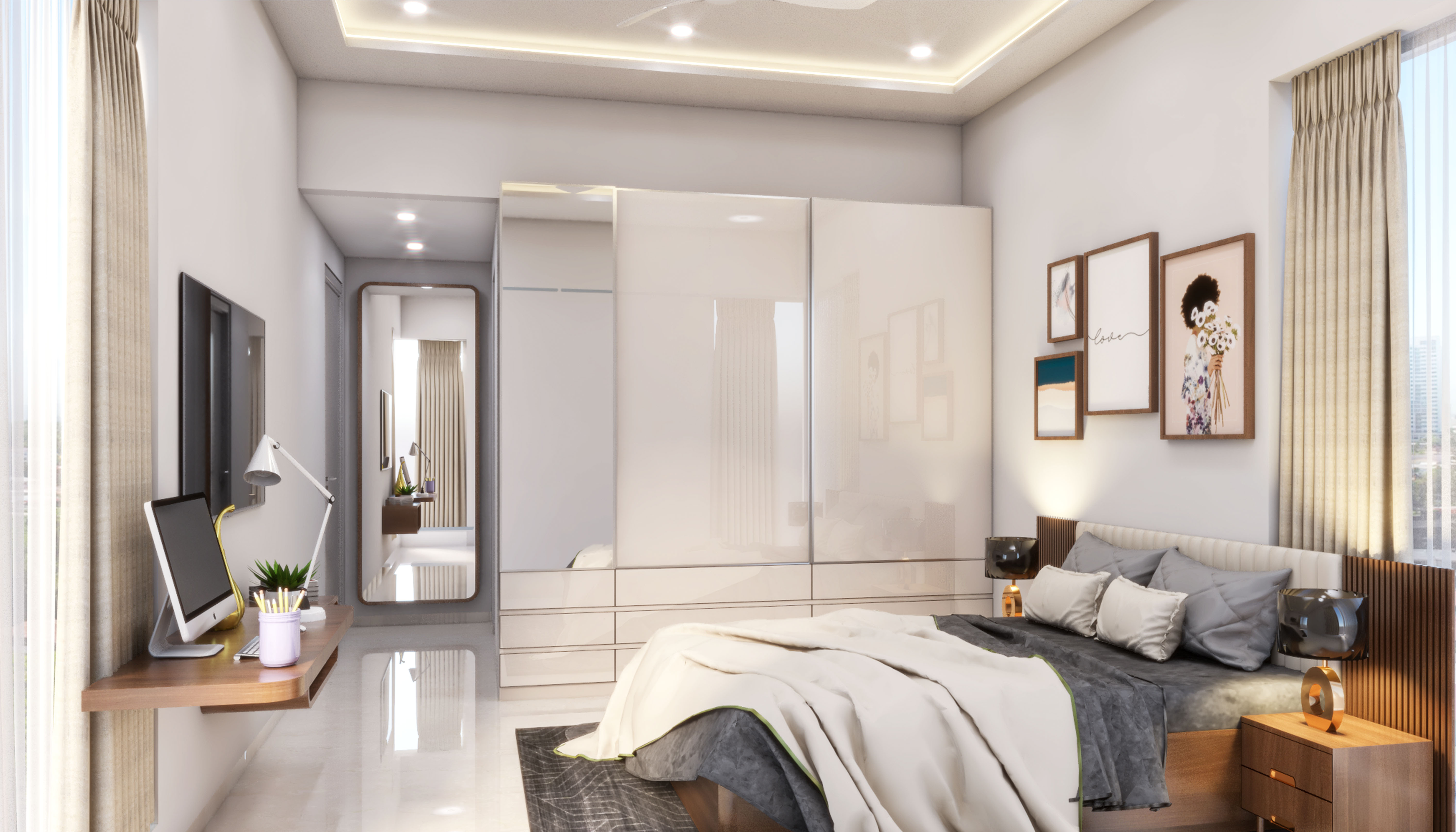 Contemporary Spacious Master Bedroom Design with Long Mirror - Livspace