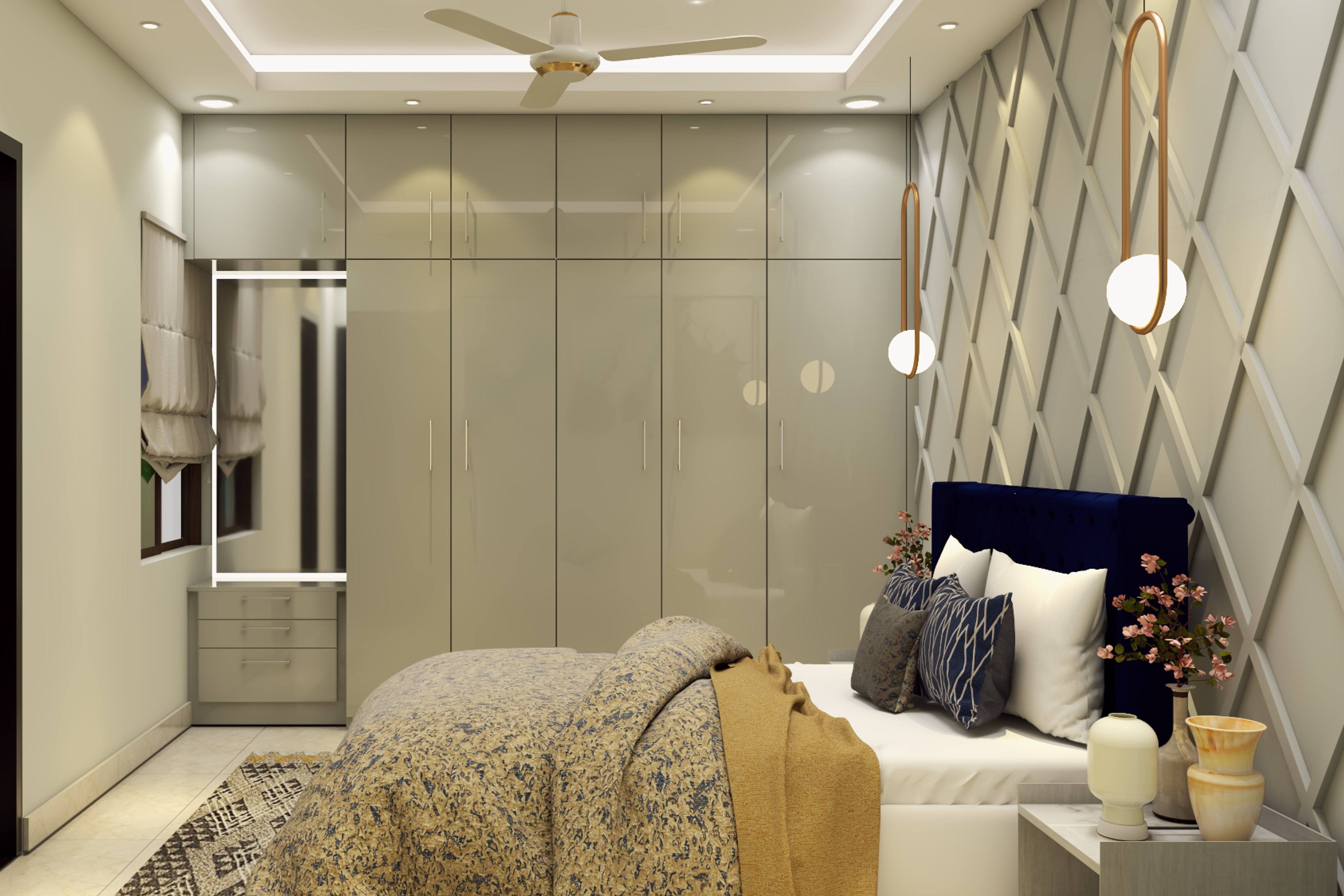 Contemporary Compact Master Bedroom Design with Textured Wall - Livspace