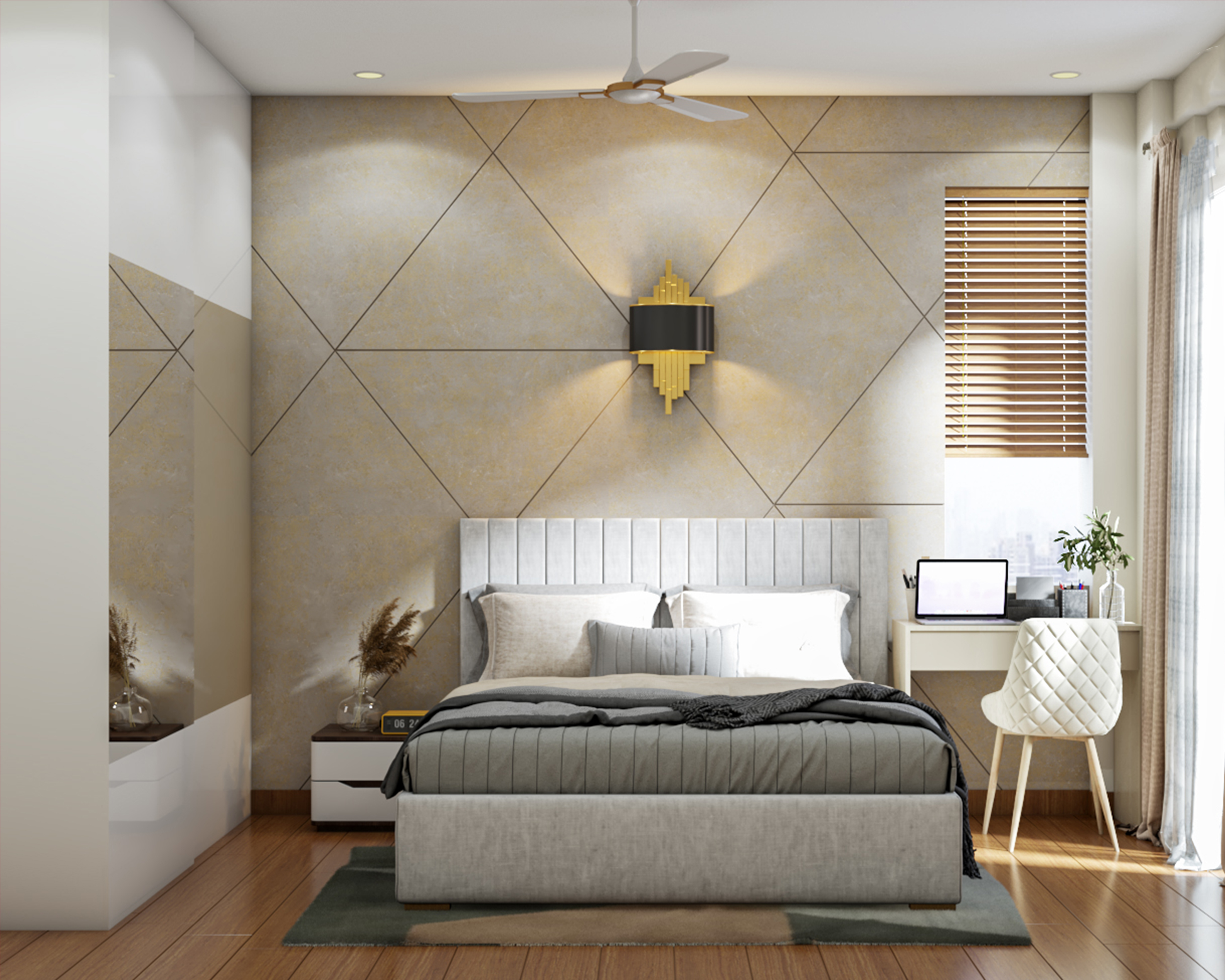 Rustic Compact Master Bedroom Design with Wall Lights and Large Window