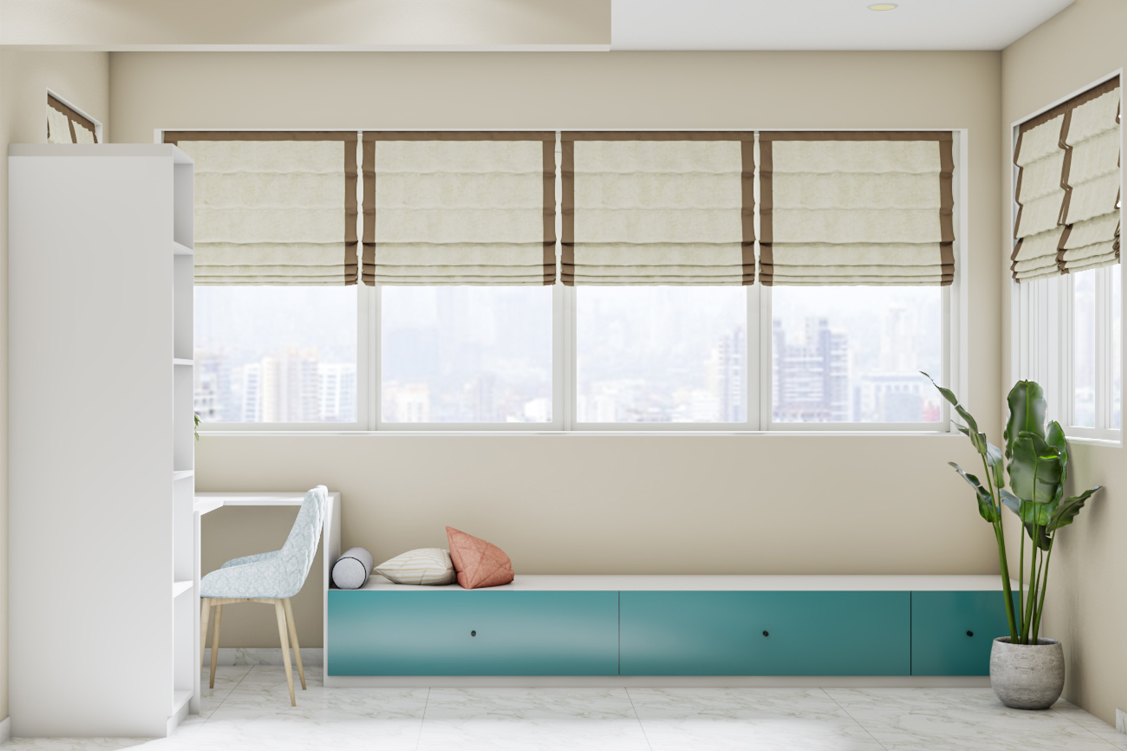 Multifunctional Modern Master Bedroom Design with Window Seat - Livspace