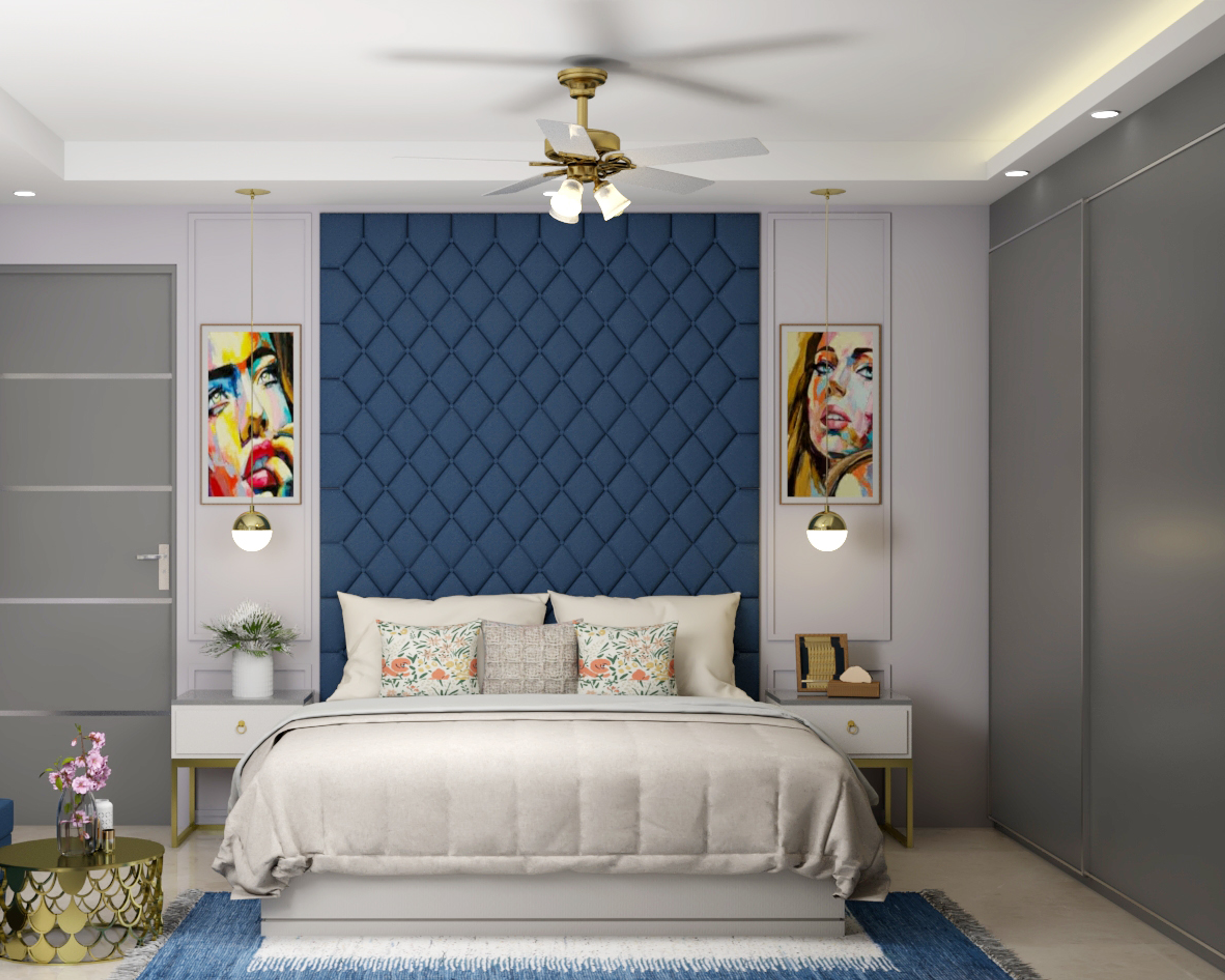 Modern Spacious Bedroom Design with Dresser Unit and Photo Frames
