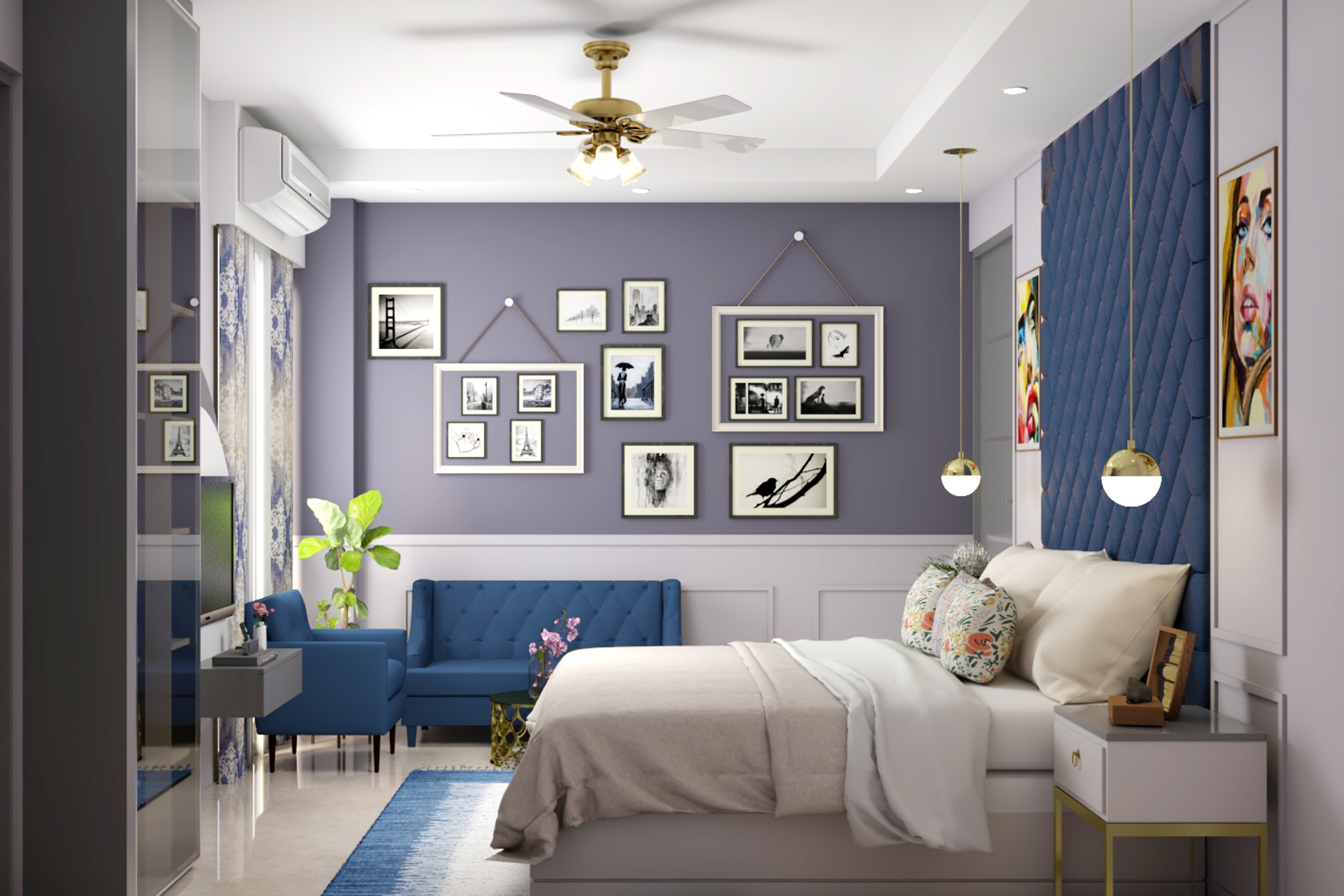 Modern Spacious Bedroom Design with Dresser Unit and Photo Frames - Livspace