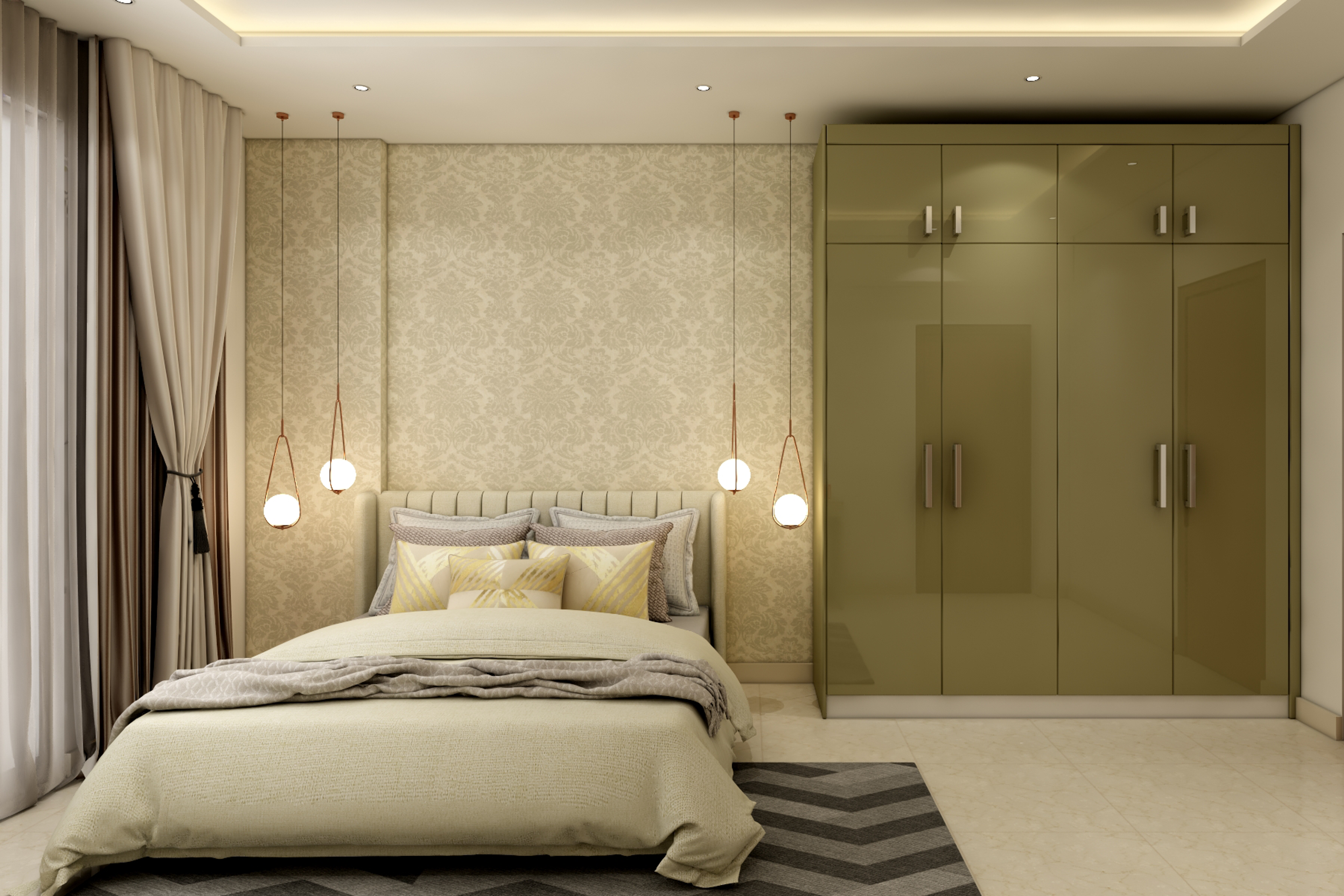 Modern Spacious Master Bedroom Design with Glossy Wardrobe and Loft