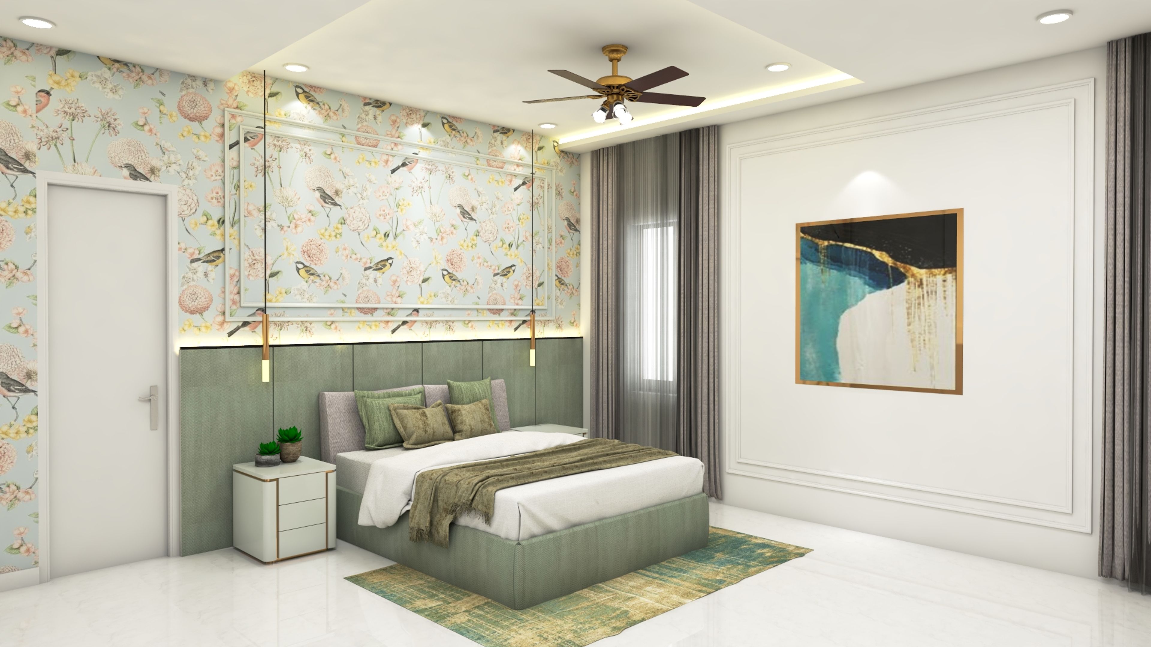 Modern Compact Master Bedroom Interior Design with Floral Wallpaper