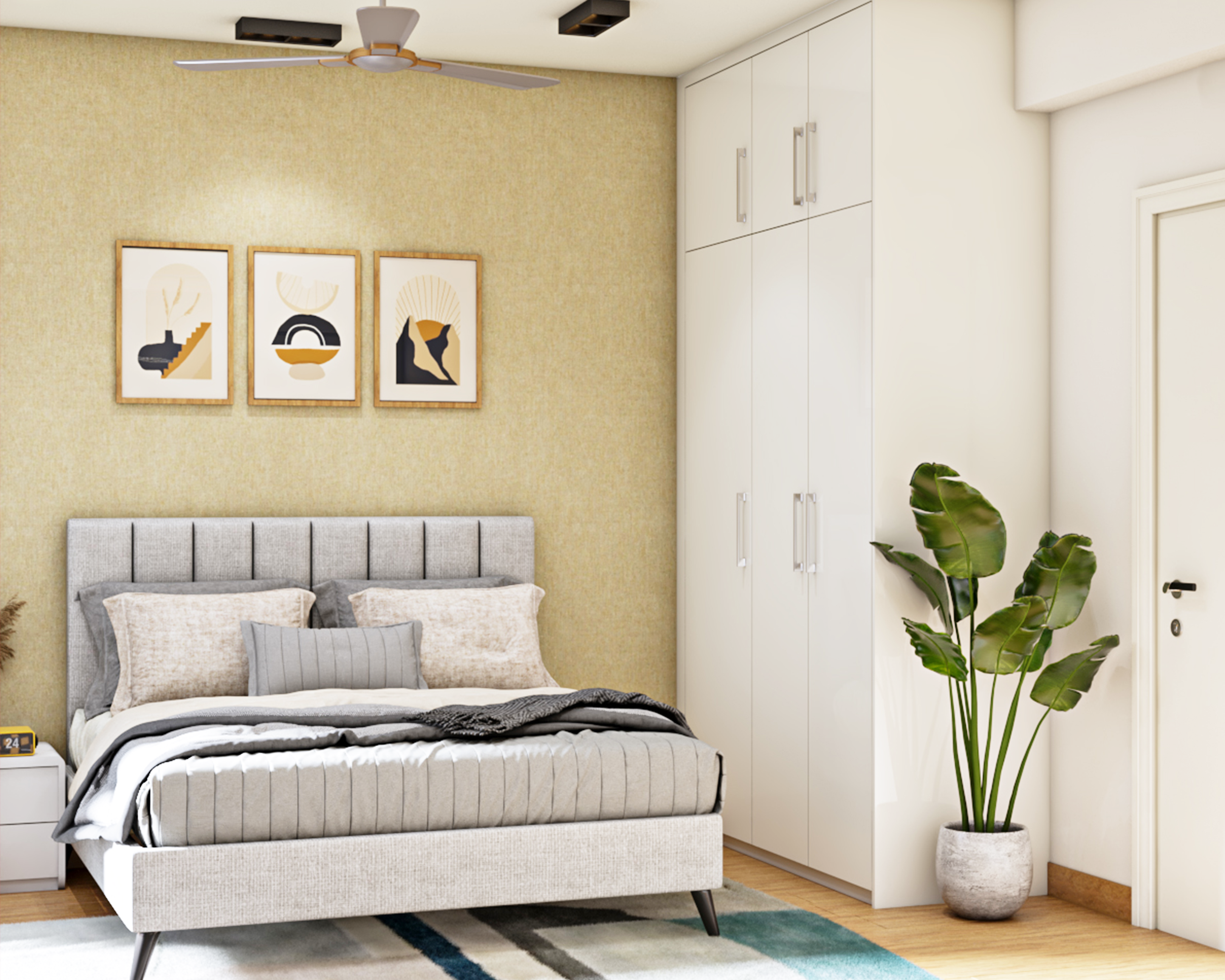 Minimal Compact Master Bedroom Design with Potted Plant - Livspace