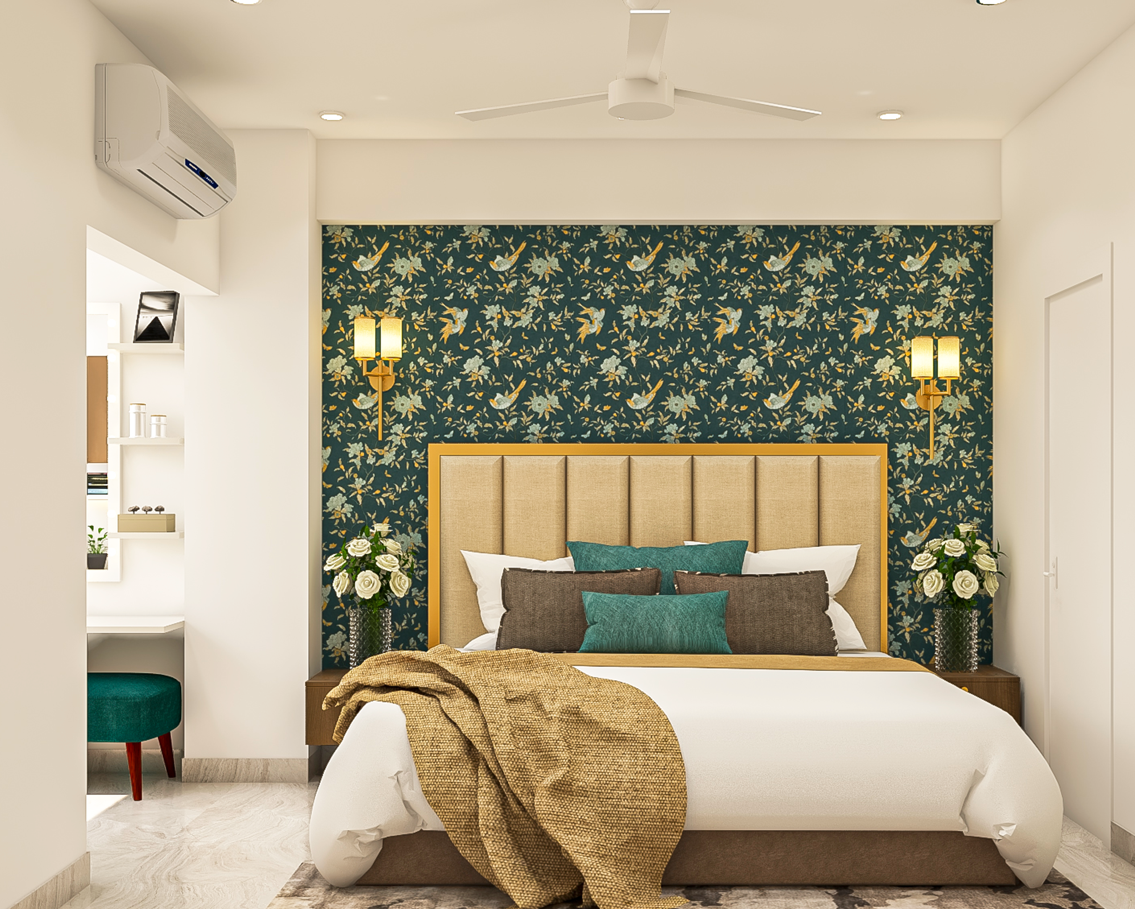 Modern Compact Master Bedroom Interior Design with Green Wallpaper