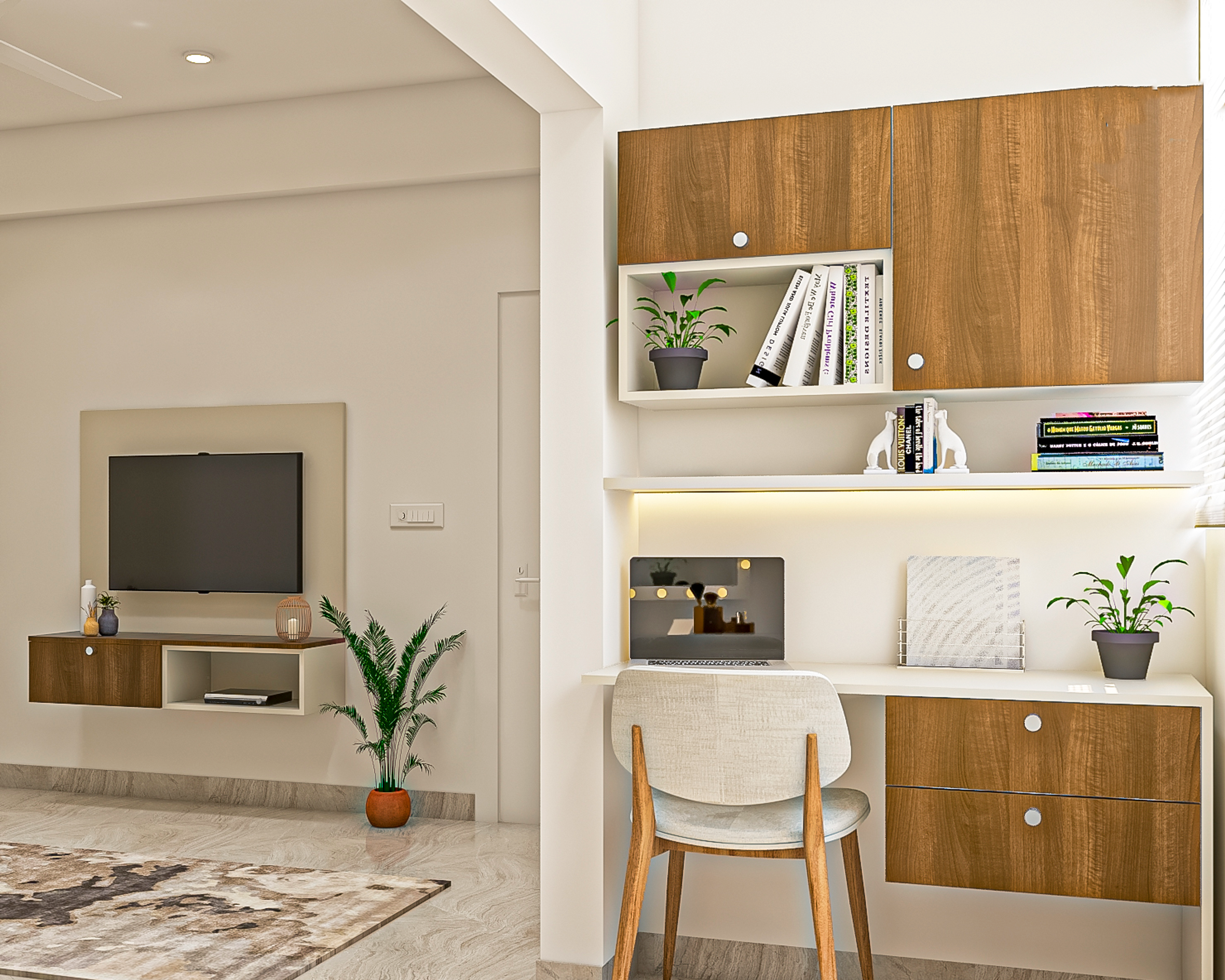 Modern Compact Master Bedroom Interior Design with Green Wallpaper - Livspace