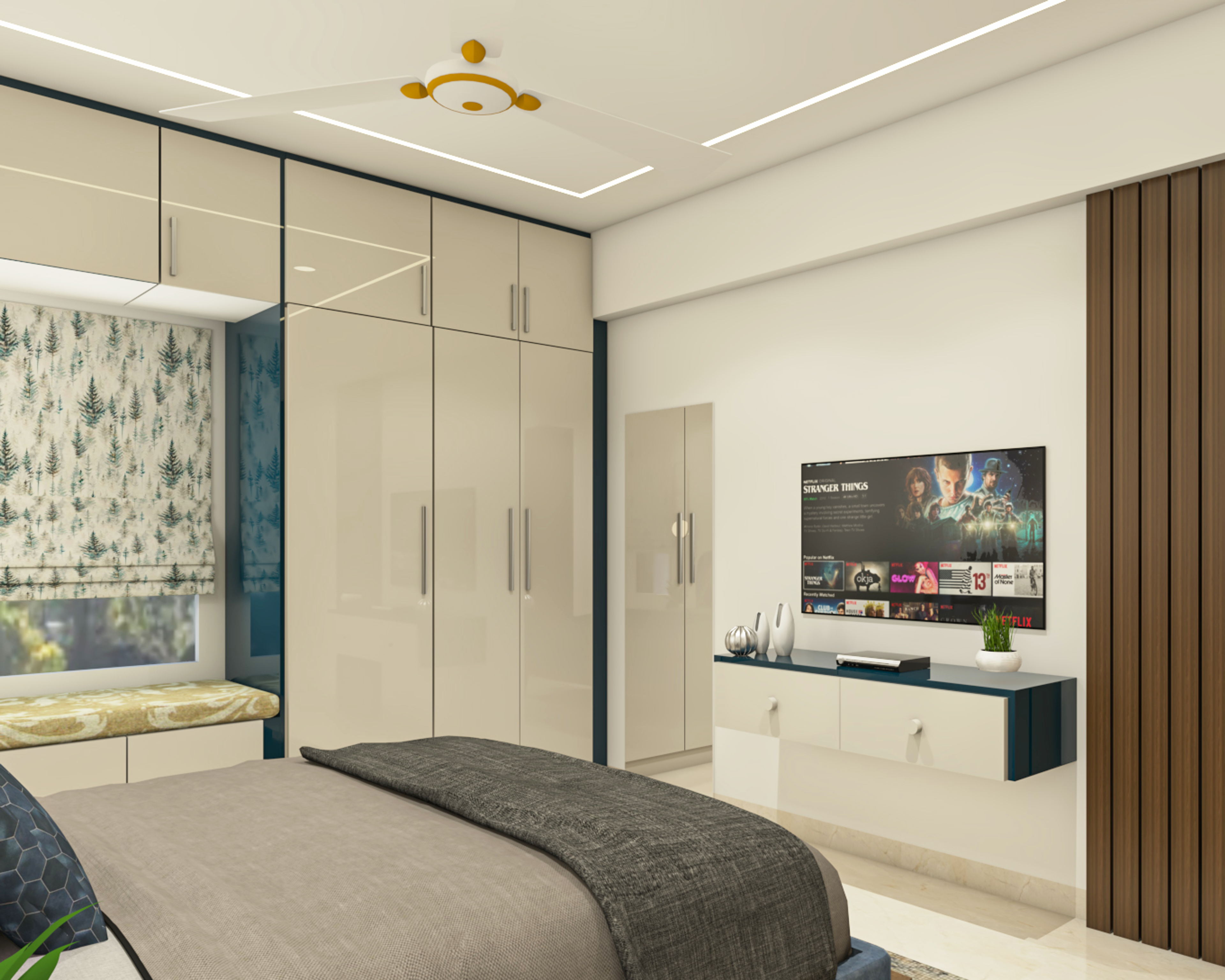 Contemporary Compact Master Bedroom Design with Blue Upholstery - Livspace