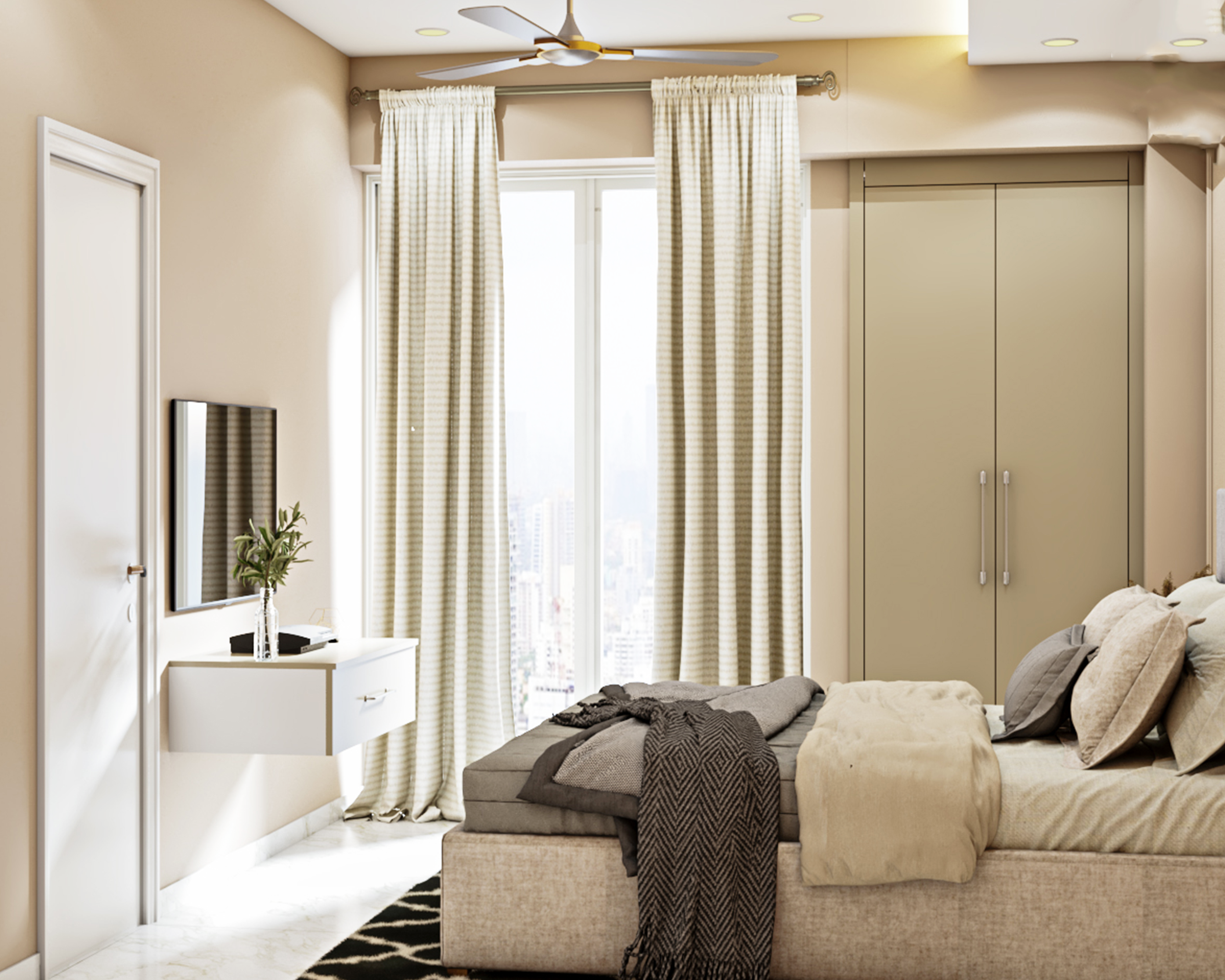 Modern Compact Master Bedroom Design with Pattern Wall - Livspace