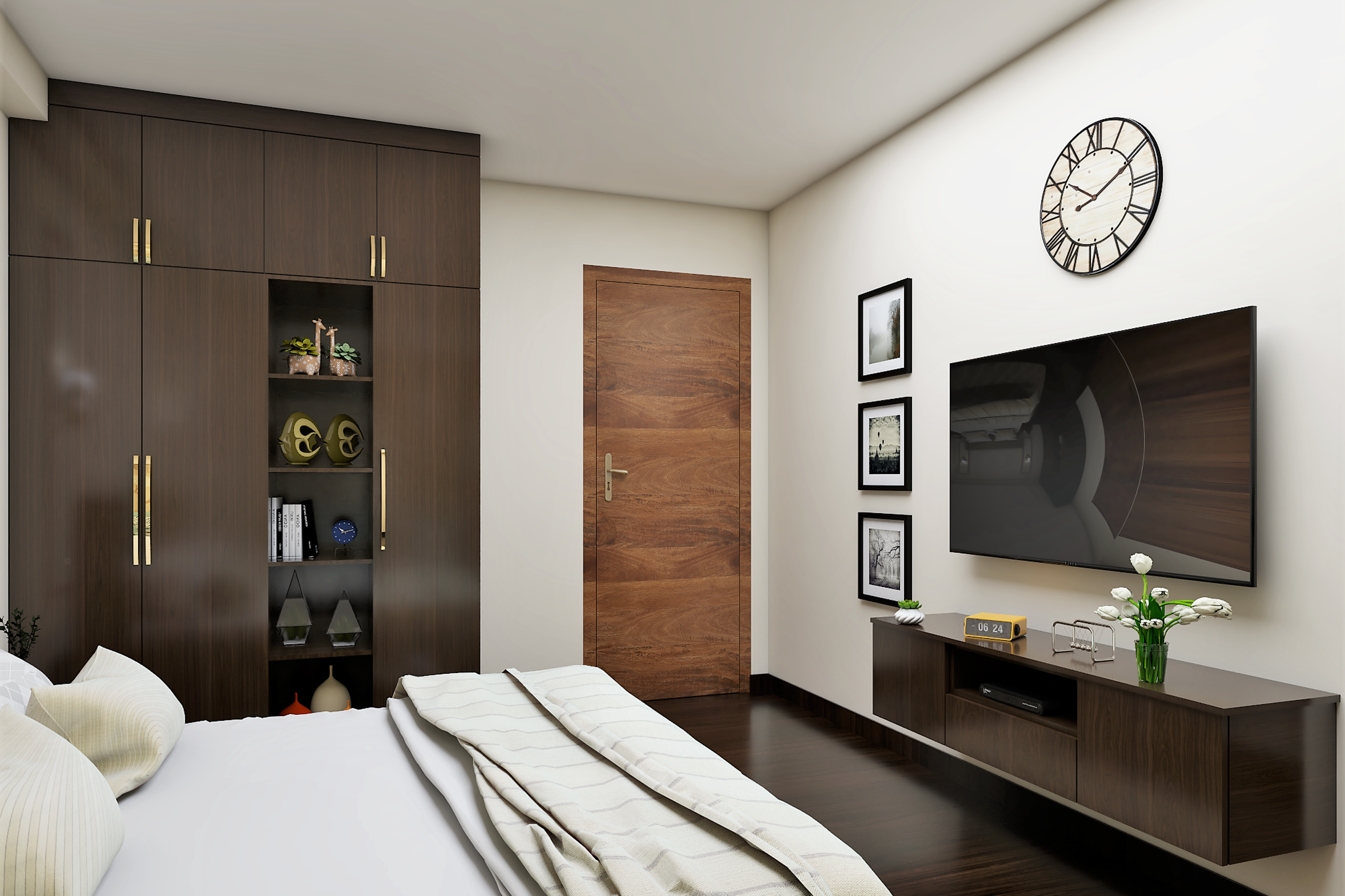 Modern Spacious Master Bedroom Design with Blue Accent Chairs - Livspace