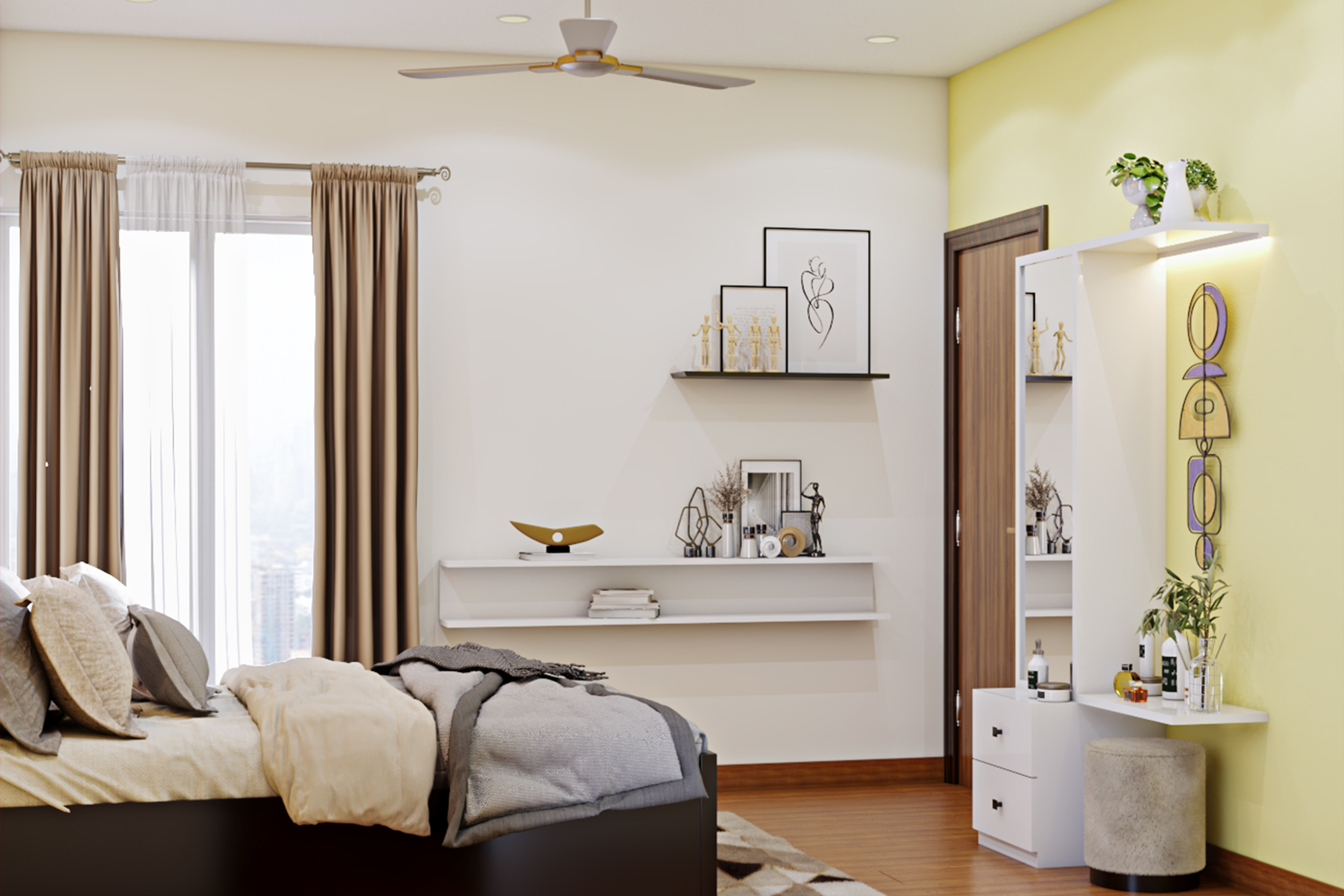 Modern Compact Master Bedroom Design Idea with Potted Plant - Livspace