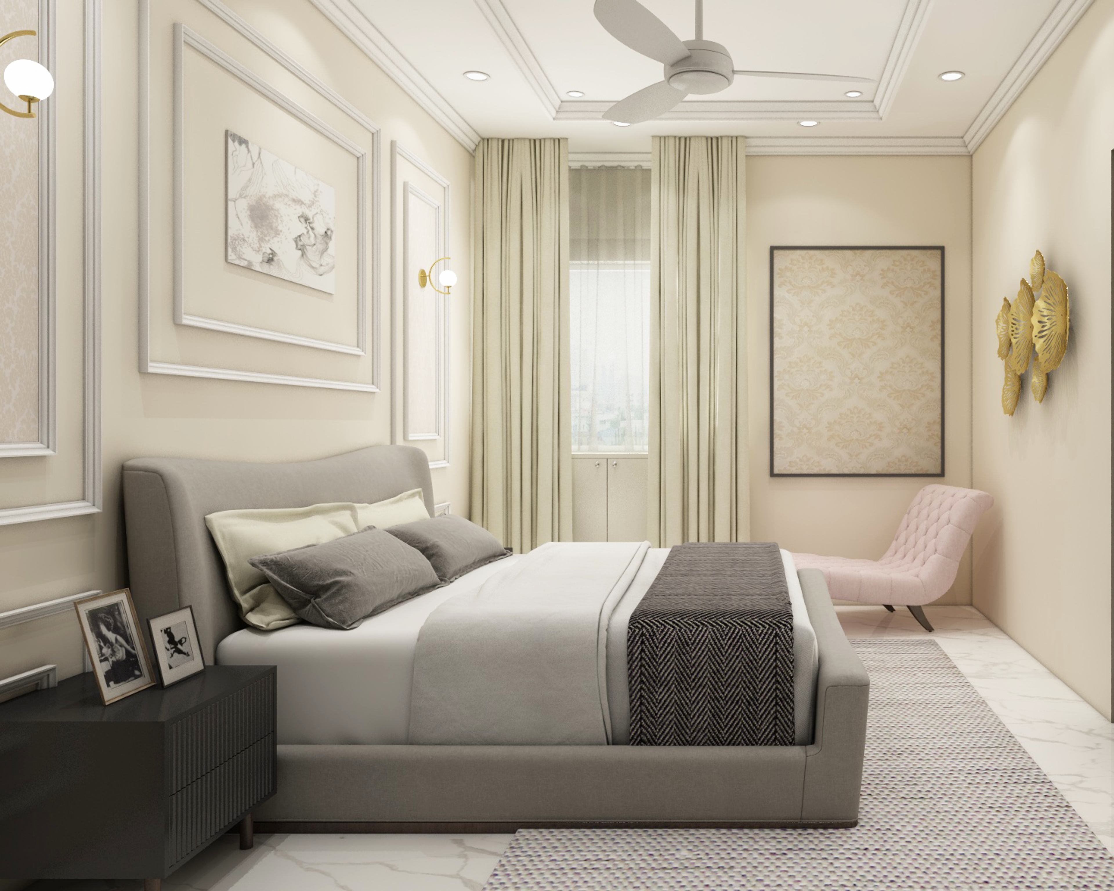 Light Grey Classic Spacious Master Bedroom Design with Accent Chair