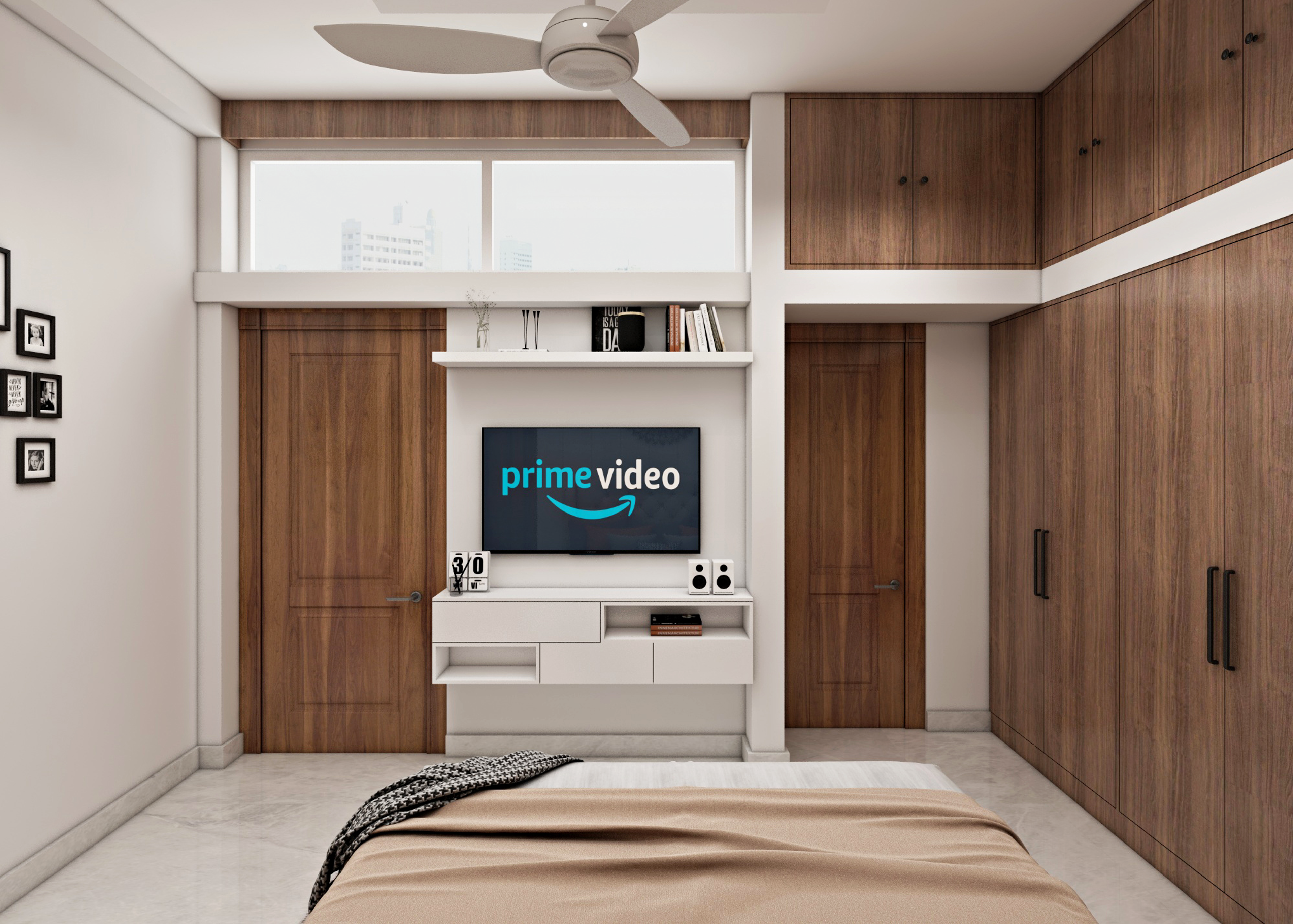 Wooden Modern Compact Master Bedroom Design with Study Table - Livspace