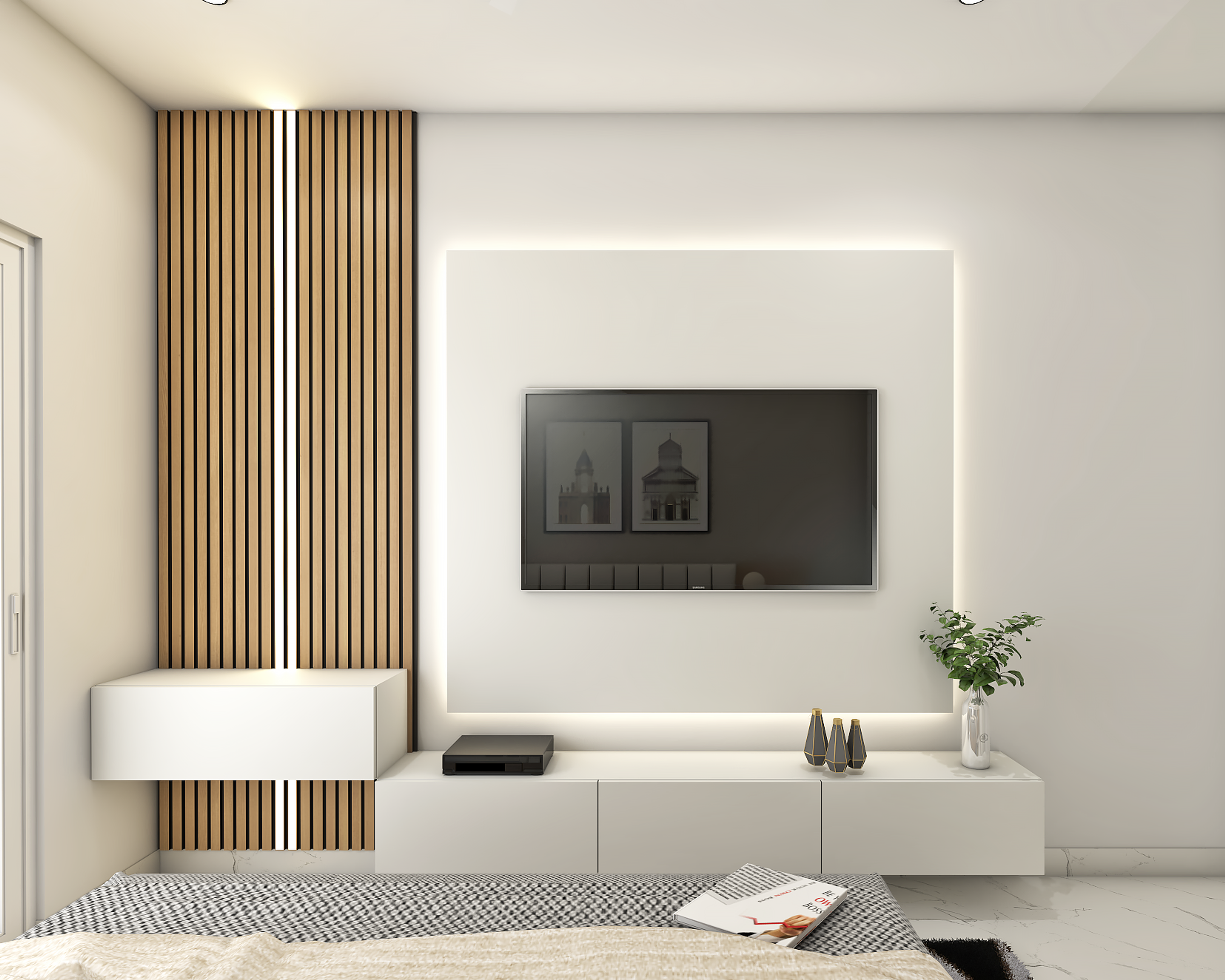 Modern Compact Master Bedroom Interior Design with Panelled Wall - Livspace