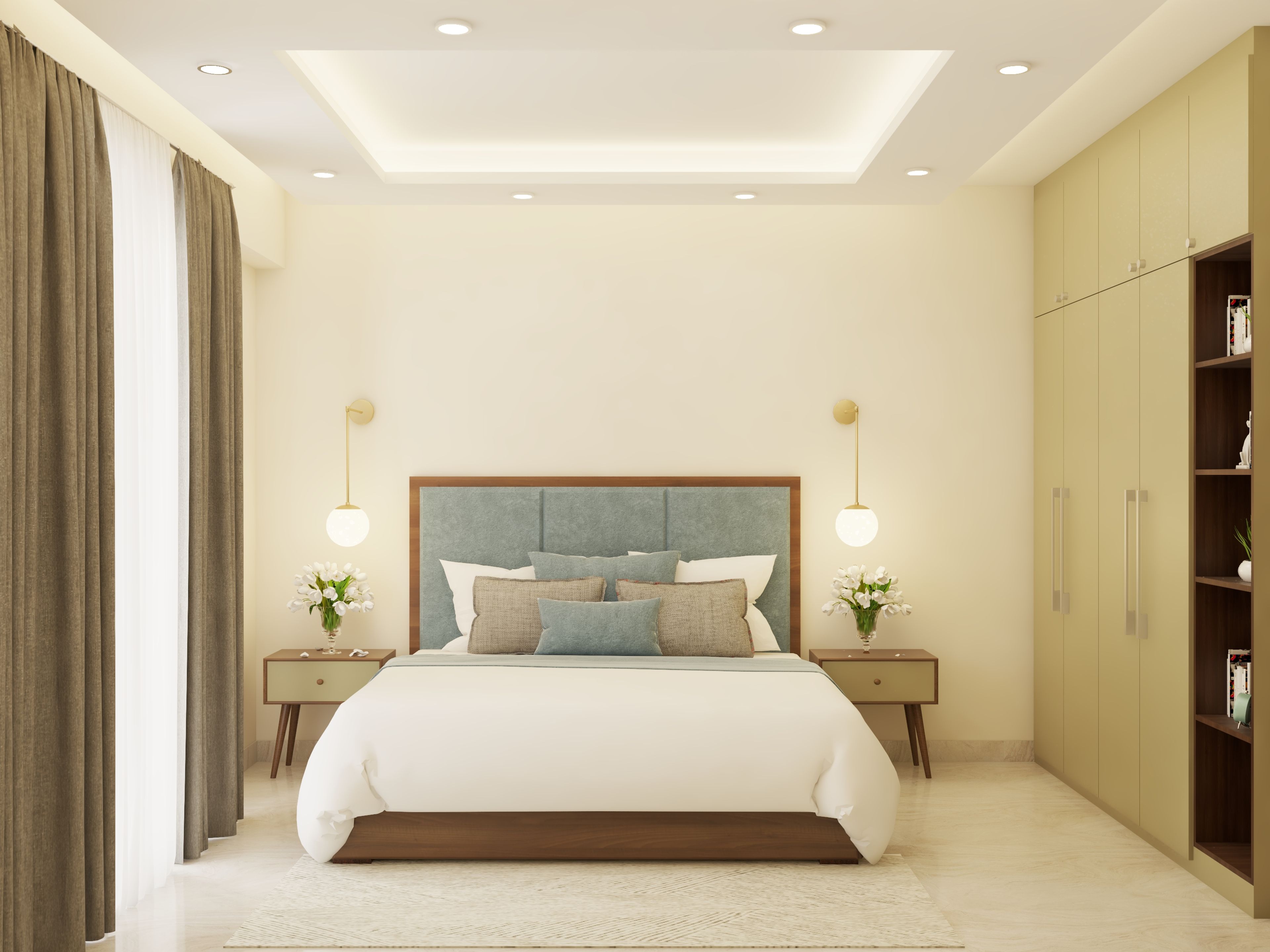 Modern Spacious Master Bedroom Design with Blue Tinted Bed - Livspace