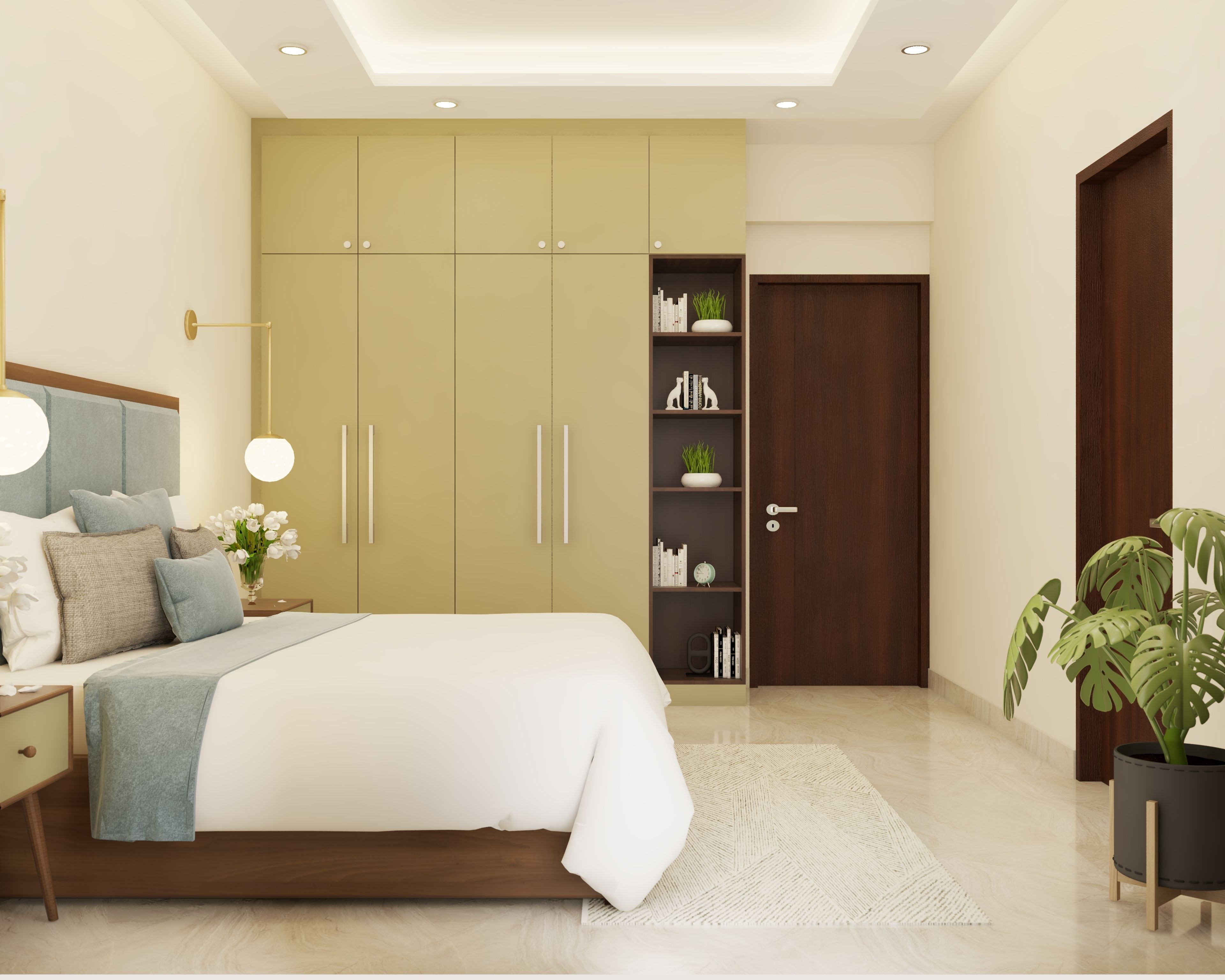 Modern Spacious Master Bedroom Design with Blue Tinted Bed - Livspace