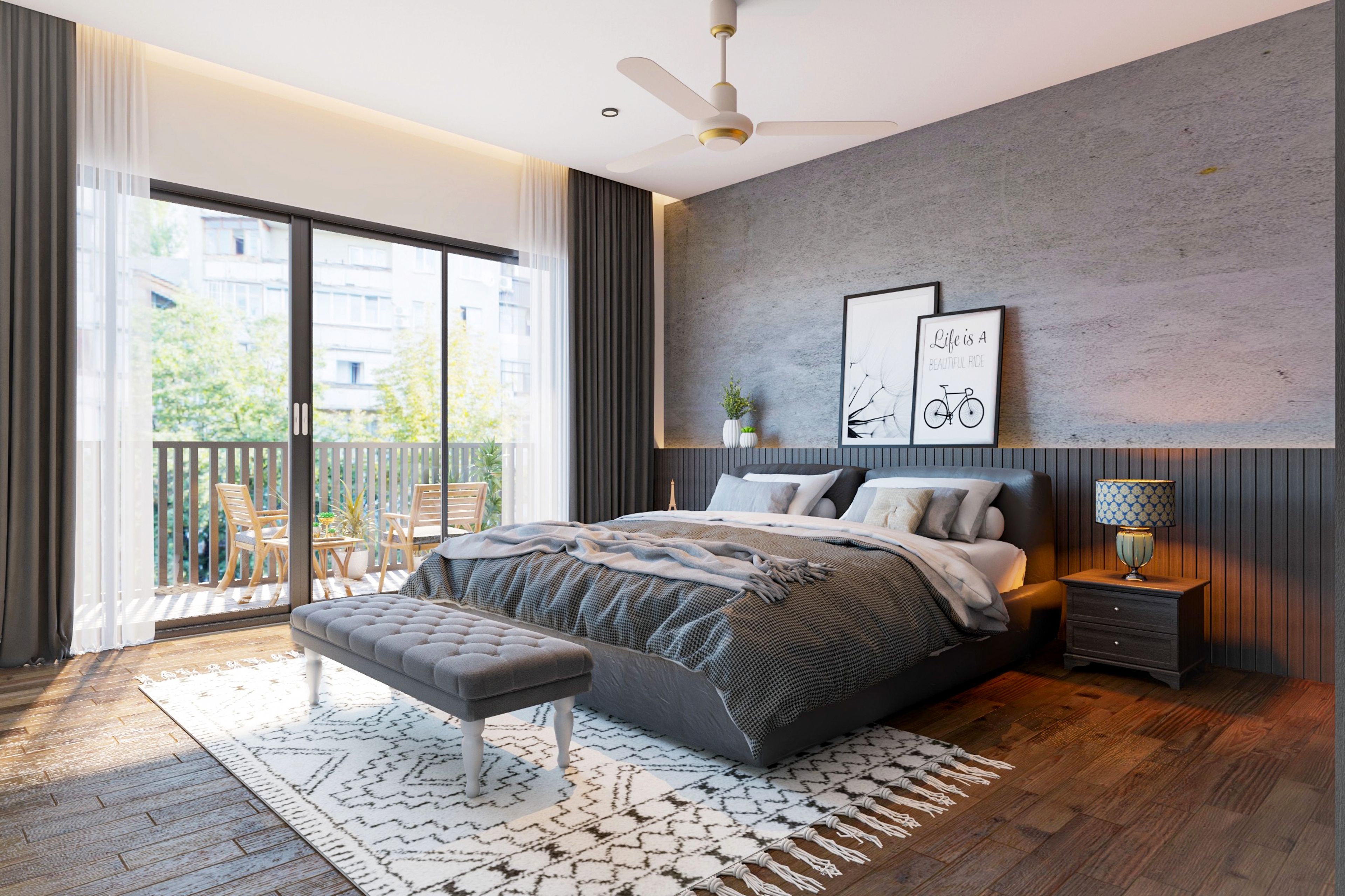 Grey Modern Spacious Master Bedroom Design with Sliding Door Balcony