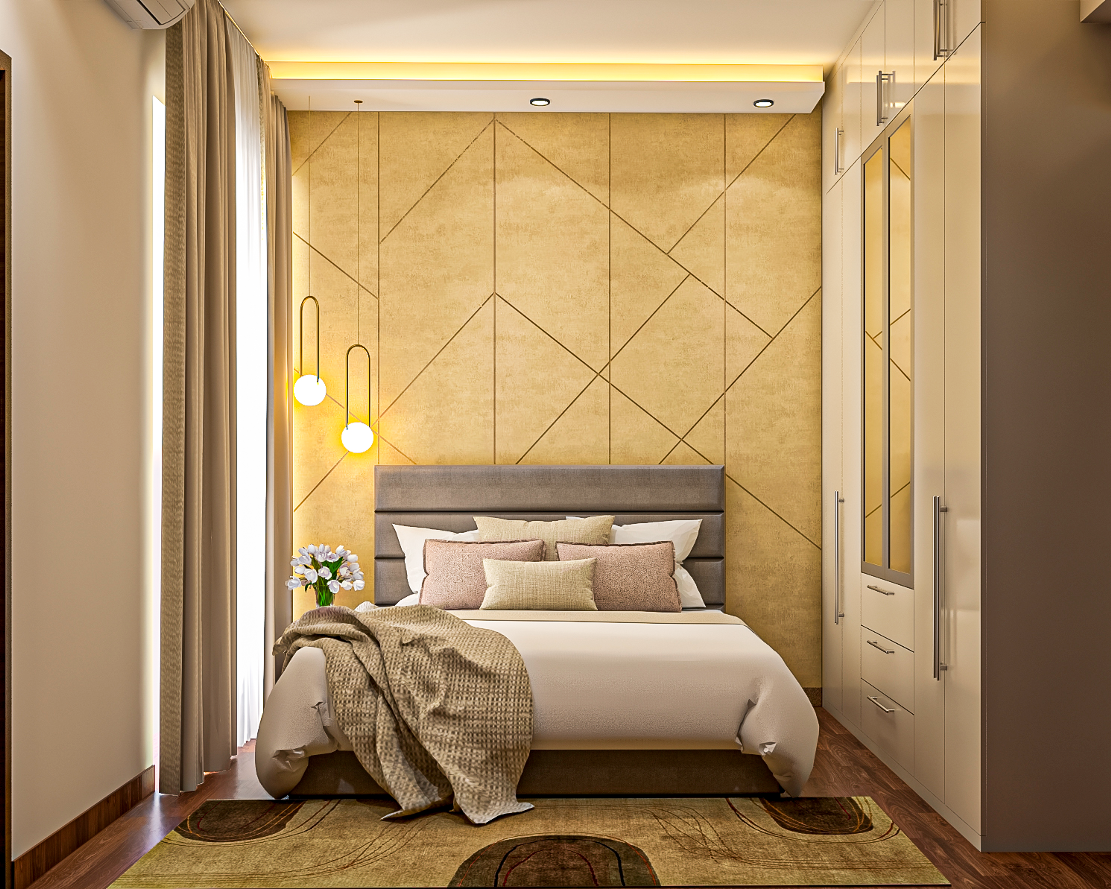 Mustard Yellow Contemporary Compact Master Bedroom Interior Design