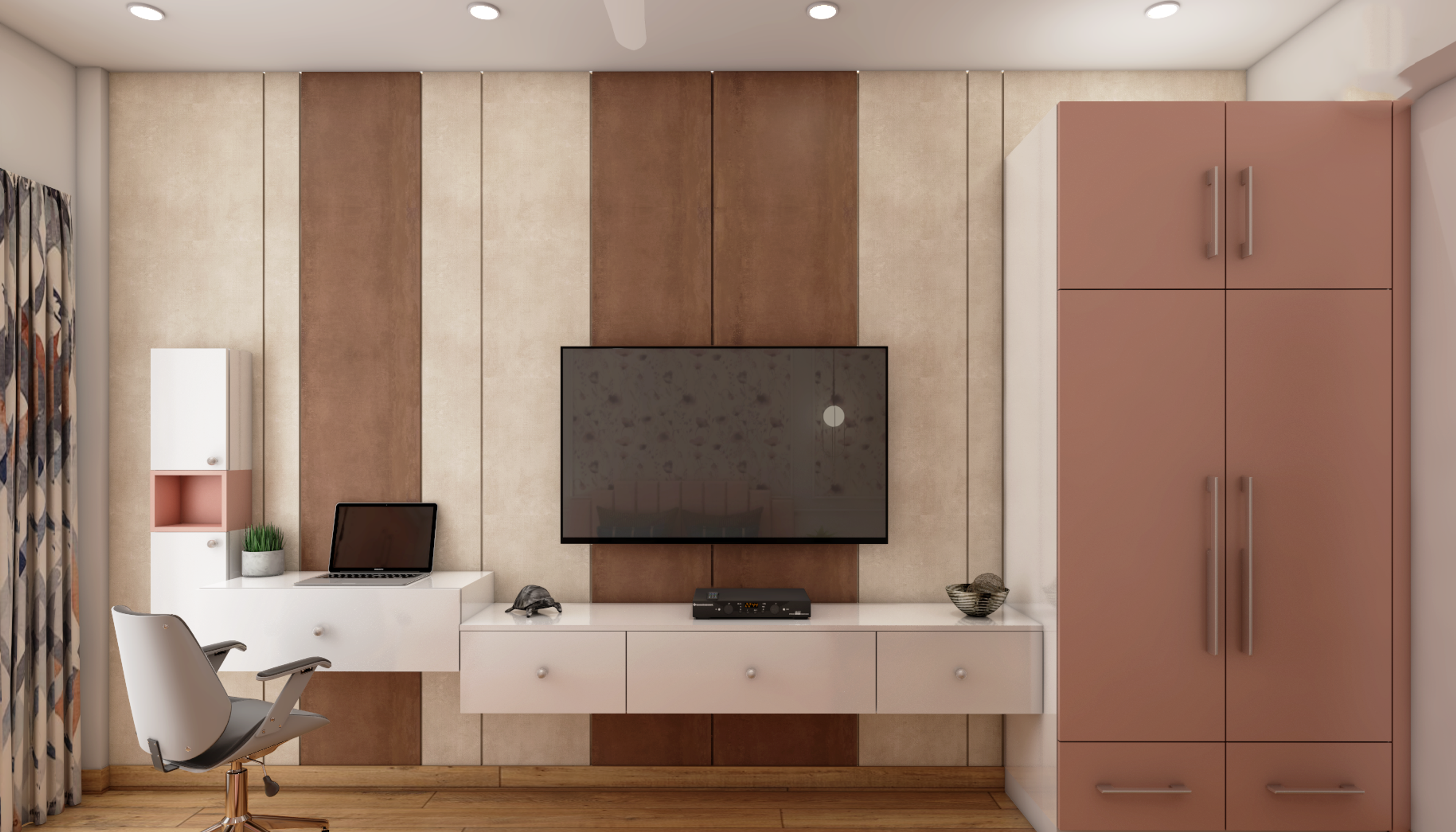 Shabby Chic Spacious Master Bedroom Interior Design with Floral Wallpaper - Livspace