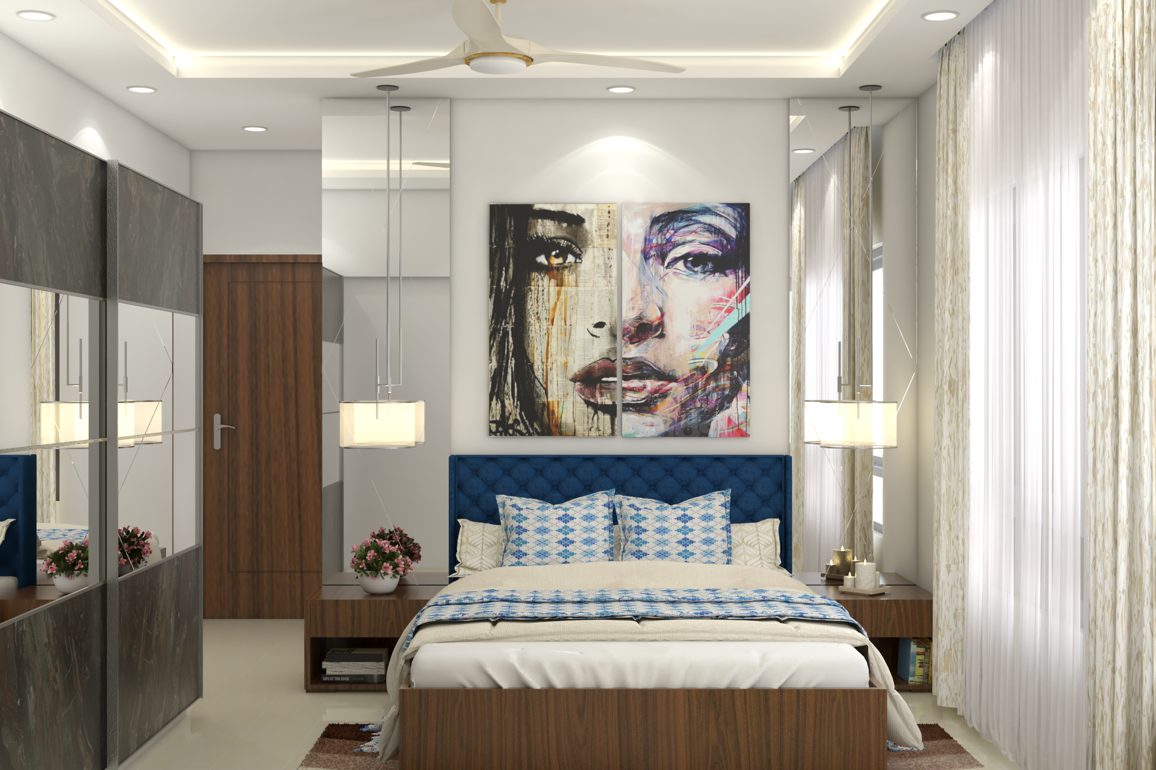 Blue Bed Contemporary Compact Master Bedroom Design with Mirrors