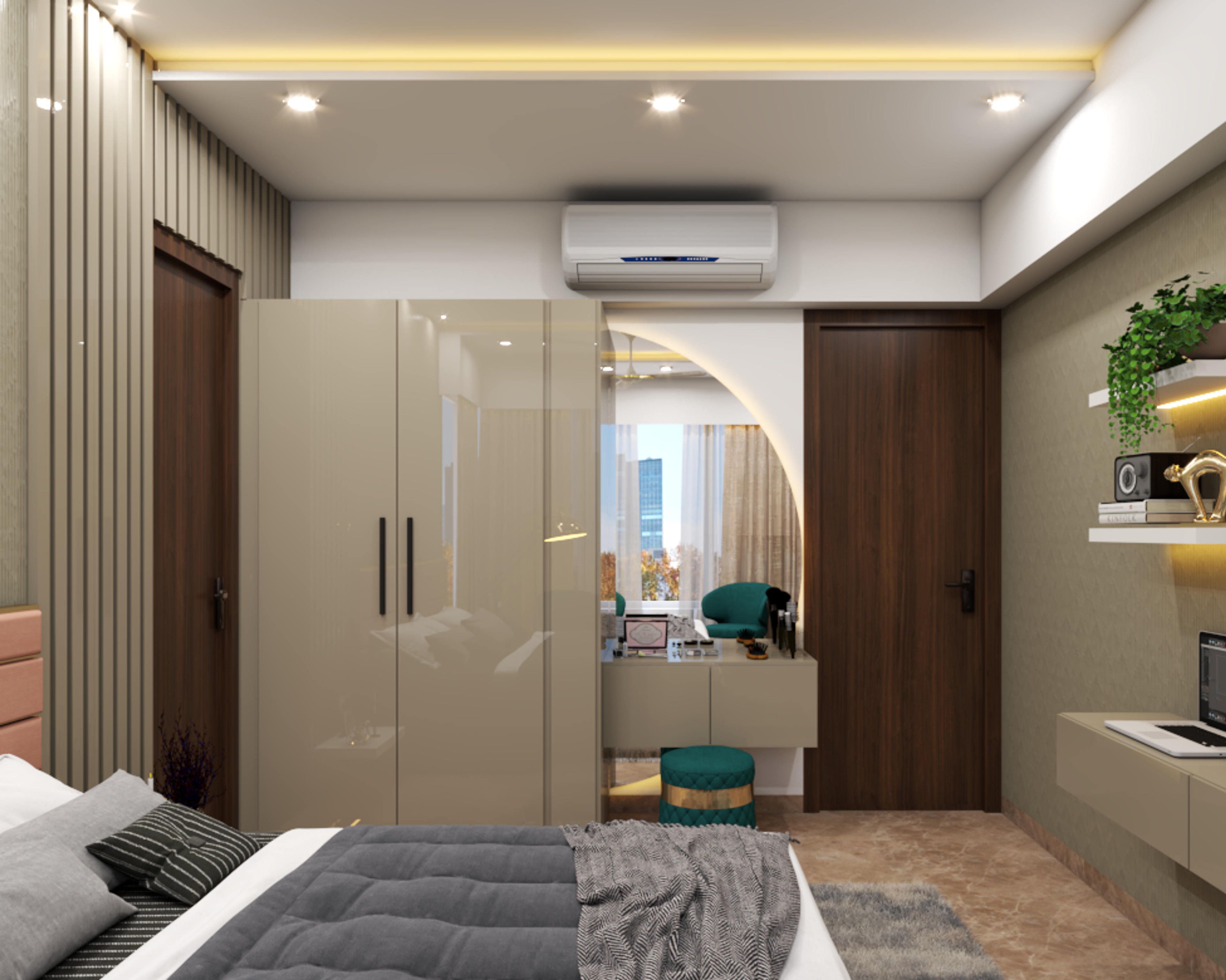 Modern Spacious Master Bedroom Design Idea with Green Chairs - Livspace