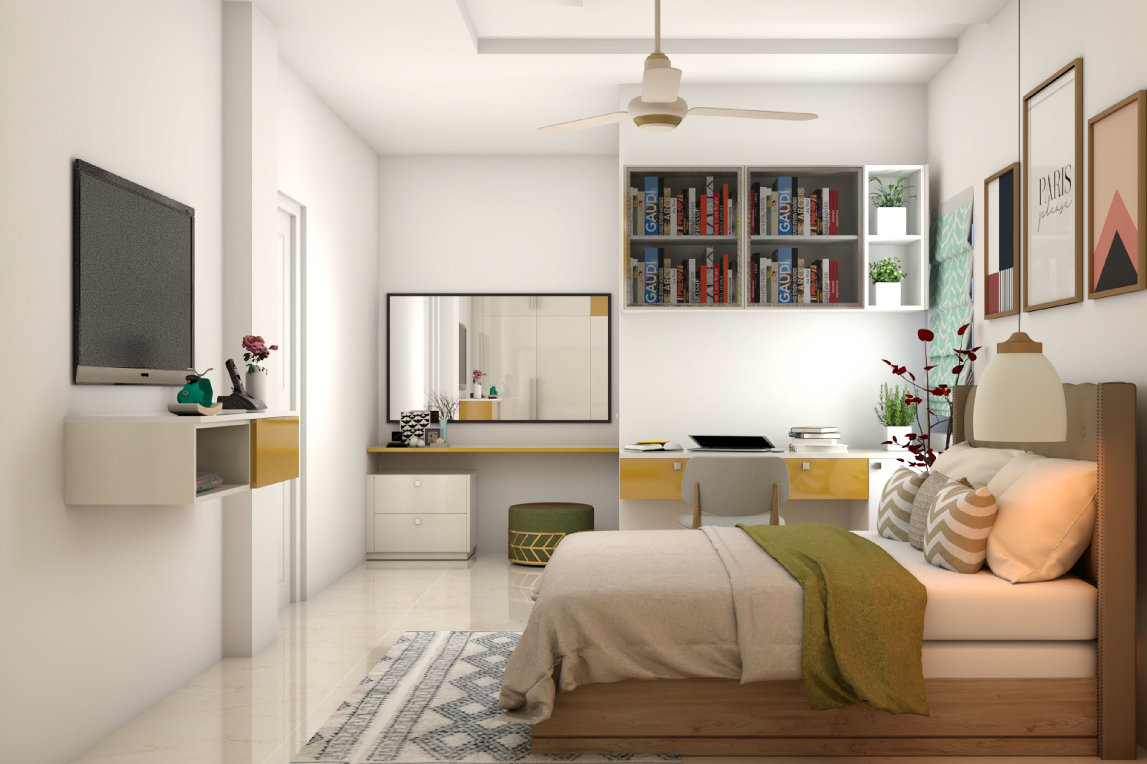 Contemporary Spacious Master Bedroom Interior Design with Glossy Wardrobe - Livspace