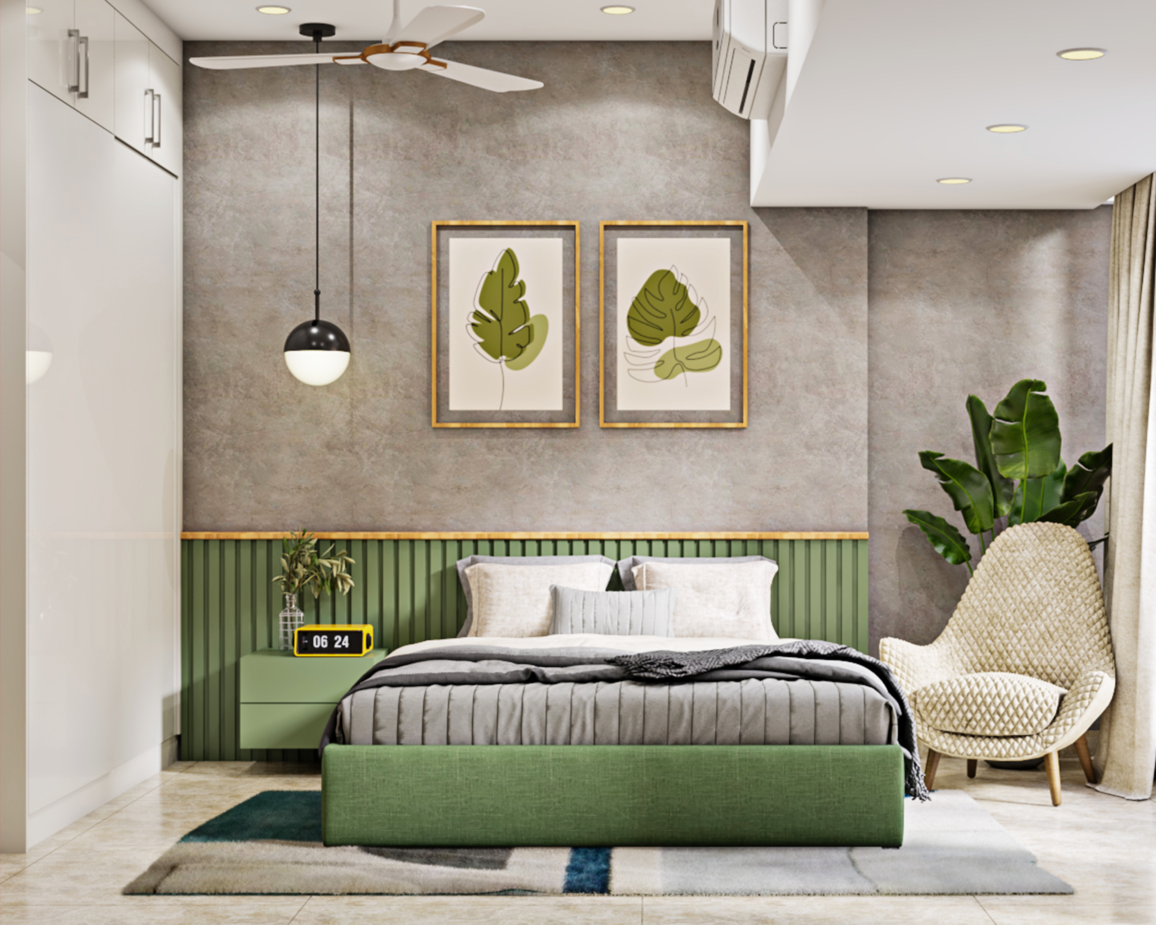 Green Themed Master Bedroom Styled With Spacious Interiors