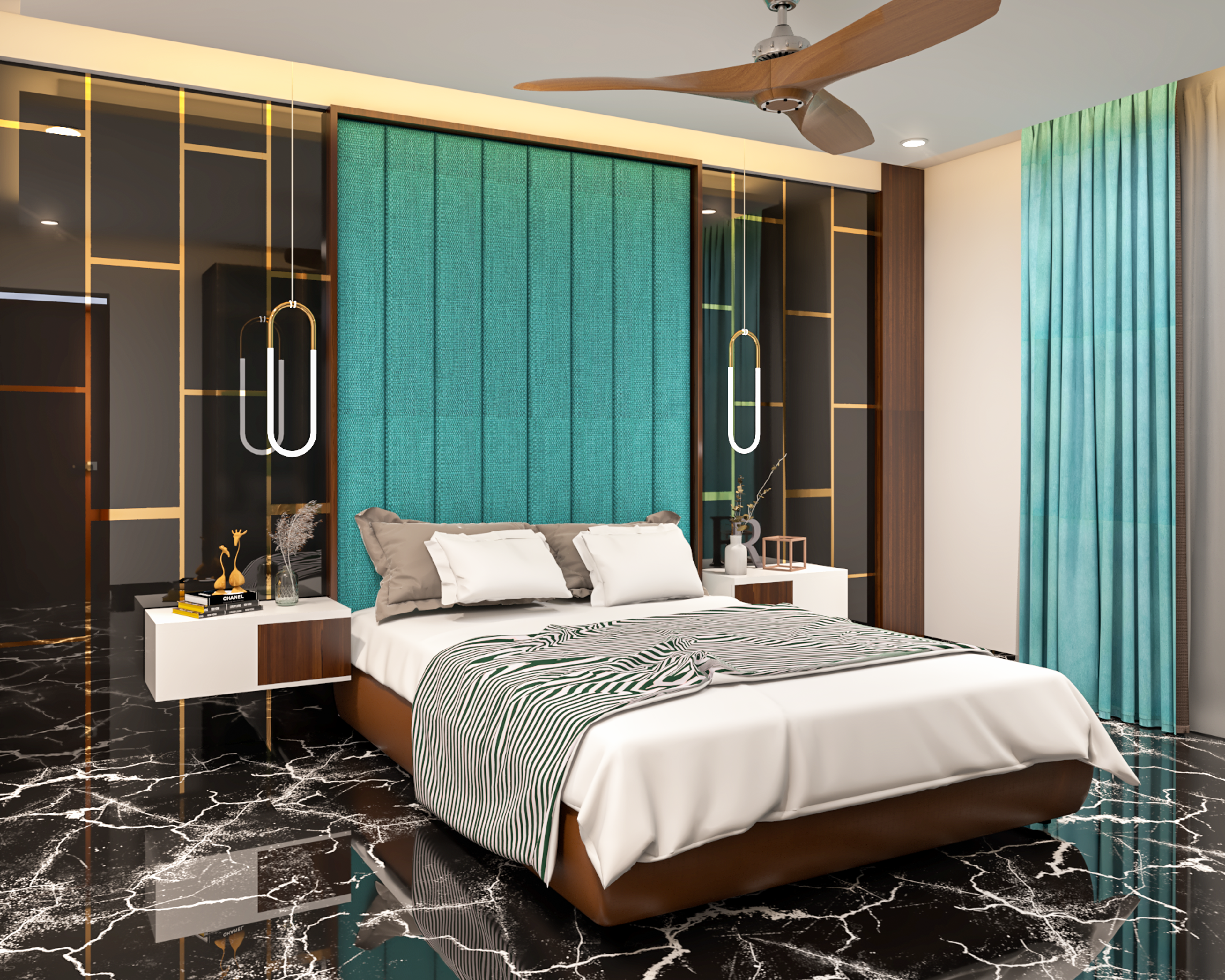 Spacious Black Themed Master Bedroom Design With Spacious Interiors