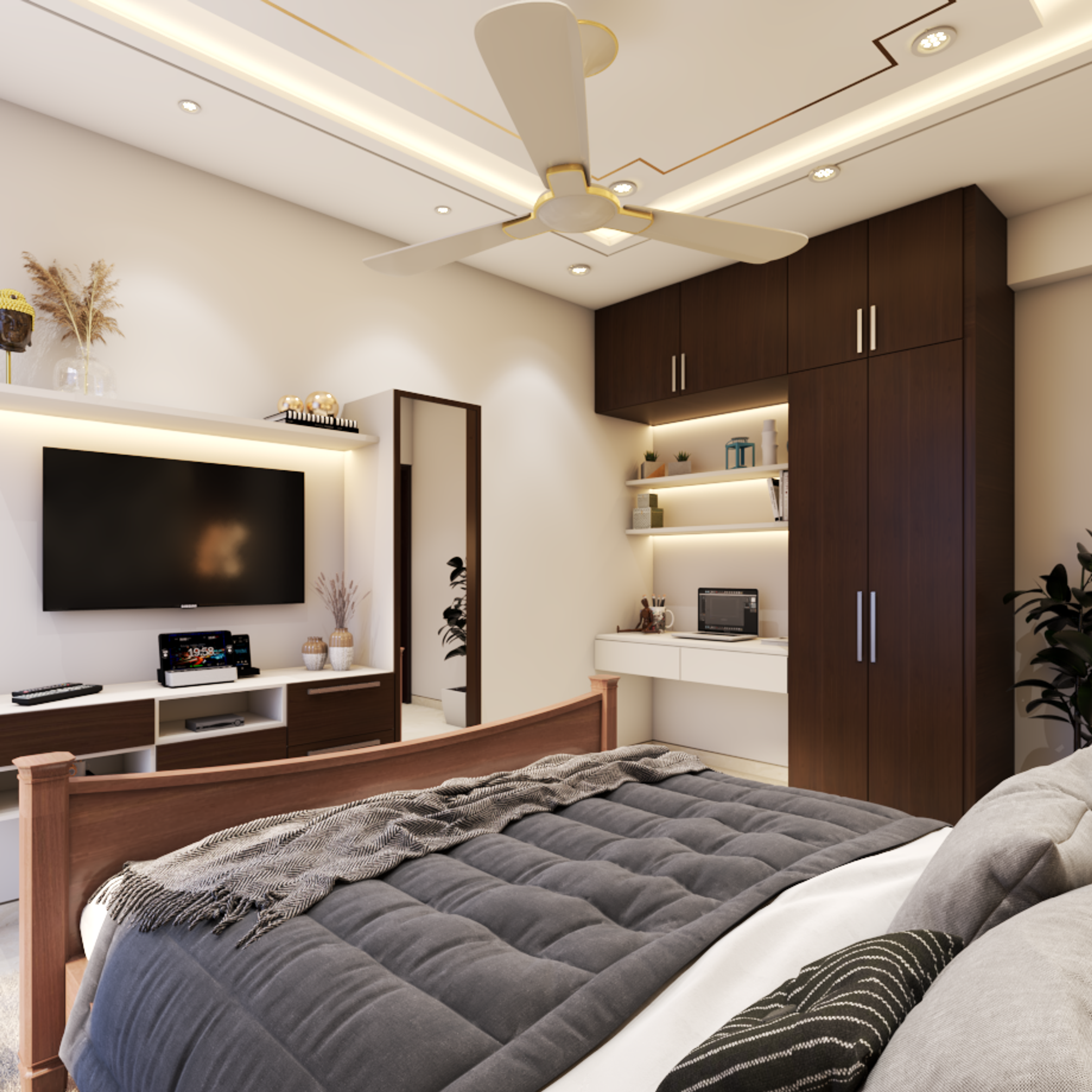 Light-Coloured Bedroom with Wooden Finishes - Livspace