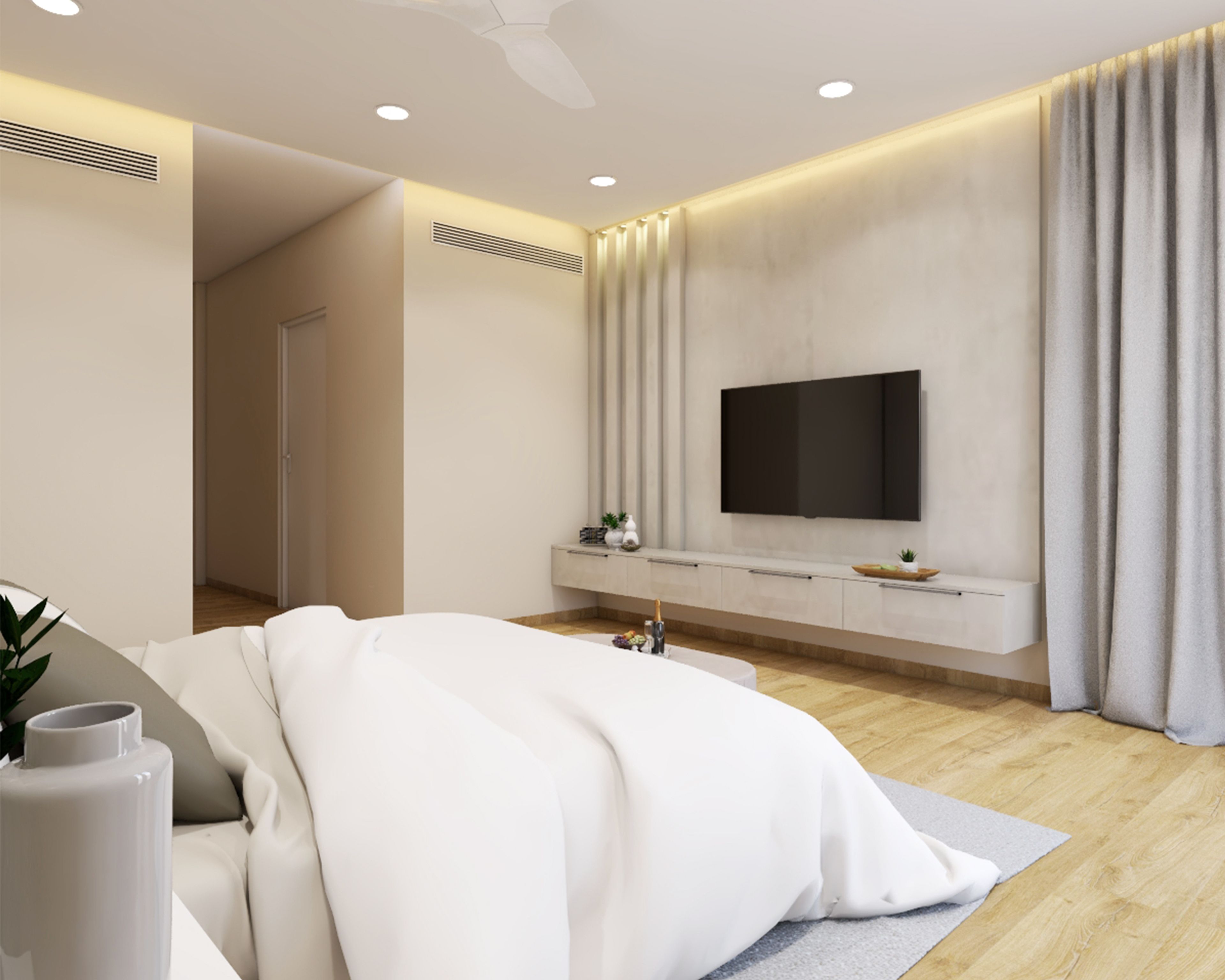 Spacious Bedroom with Beige Cushioning - Livspace