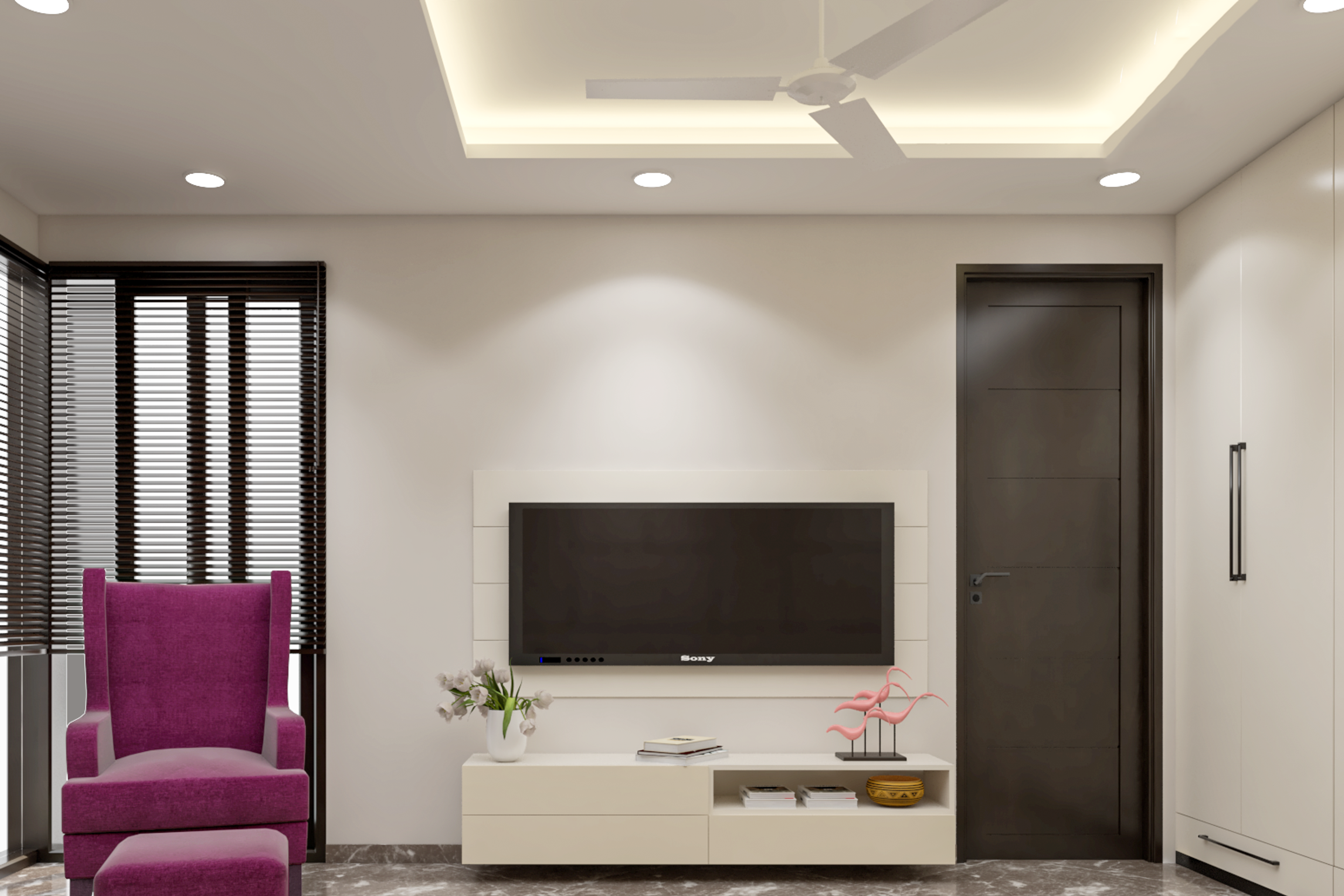 Neutral-Toned Bedroom with Marble Flooring - Livspace