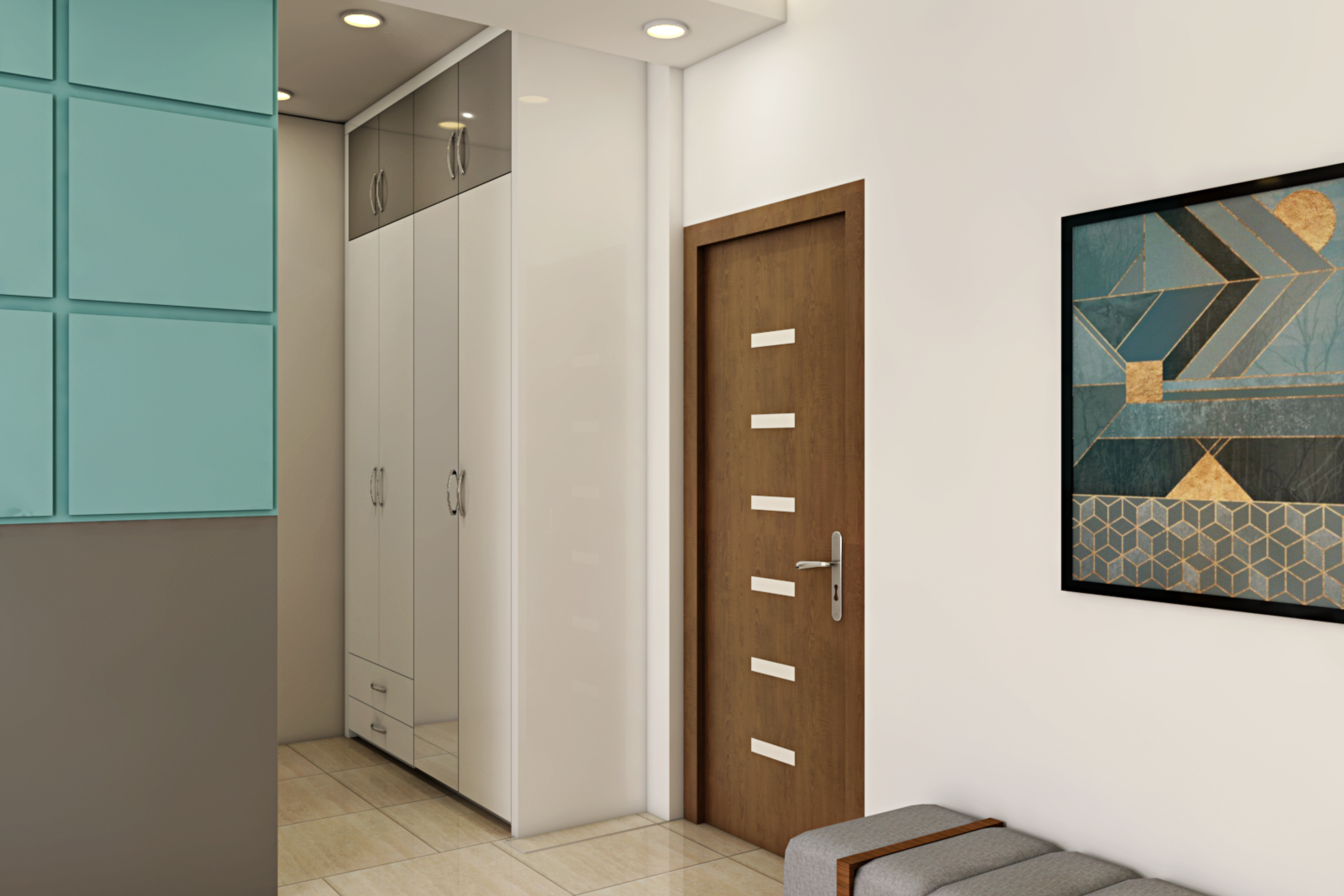 Modern Bedroom with Sky Blue Panel - Livspace